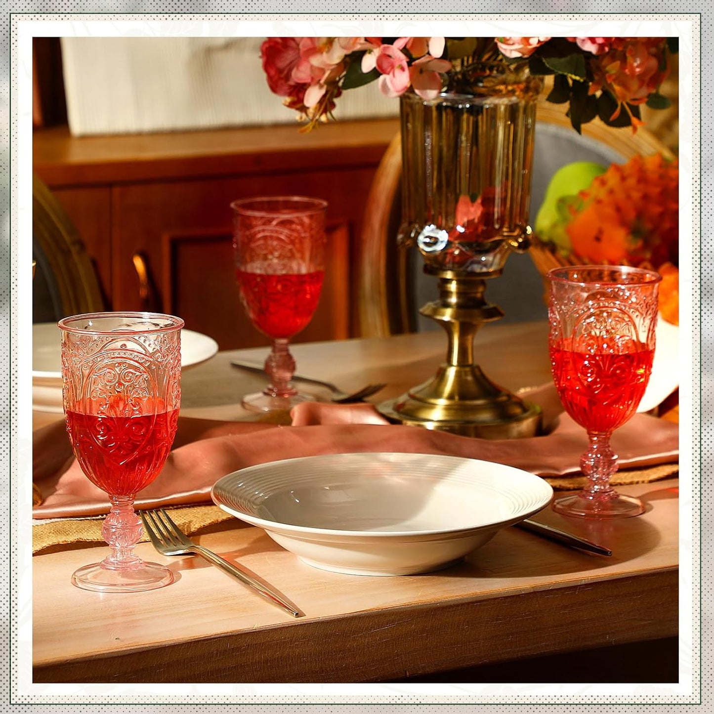 18 Pack Plastic Goblets 10oz Upgrade Vintage Water Goblet Plastic Wine Glasses Colored Retro Embossed Glassware for Party Wine Bar Juice Baby Shower Wedding Reception Grand (Pink)