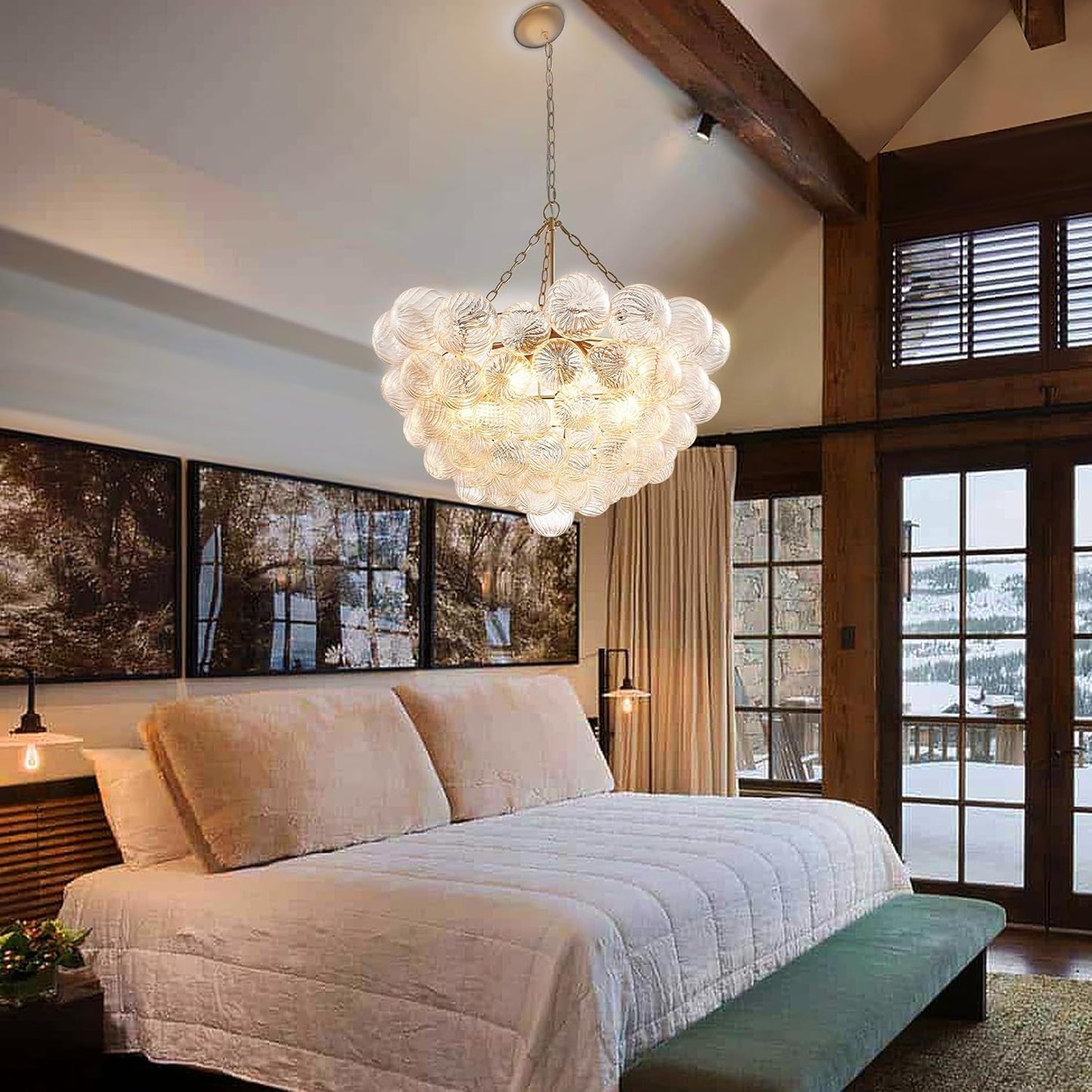 Nordic Bubble Ball Swirled Glass Chandelier, Diam 31" Gild Gold and Clear Modern Hand Blown Glass Pendant Light Fixture for Dining Room, Bedroom, Study, Restaurant, Hallway