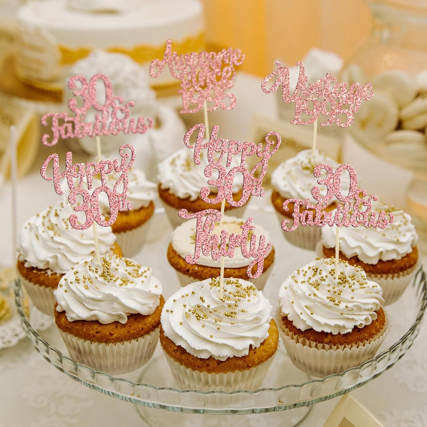 30Pcs Vintage 1995 Cupcake Toppers Glitter Thirty 30 Fabulous Happy 30th Birthday Cupcake Picks Cheers to 30 Years for 30th Birthday Anniversary Party Cake Decorations Supplies Rose Gold
