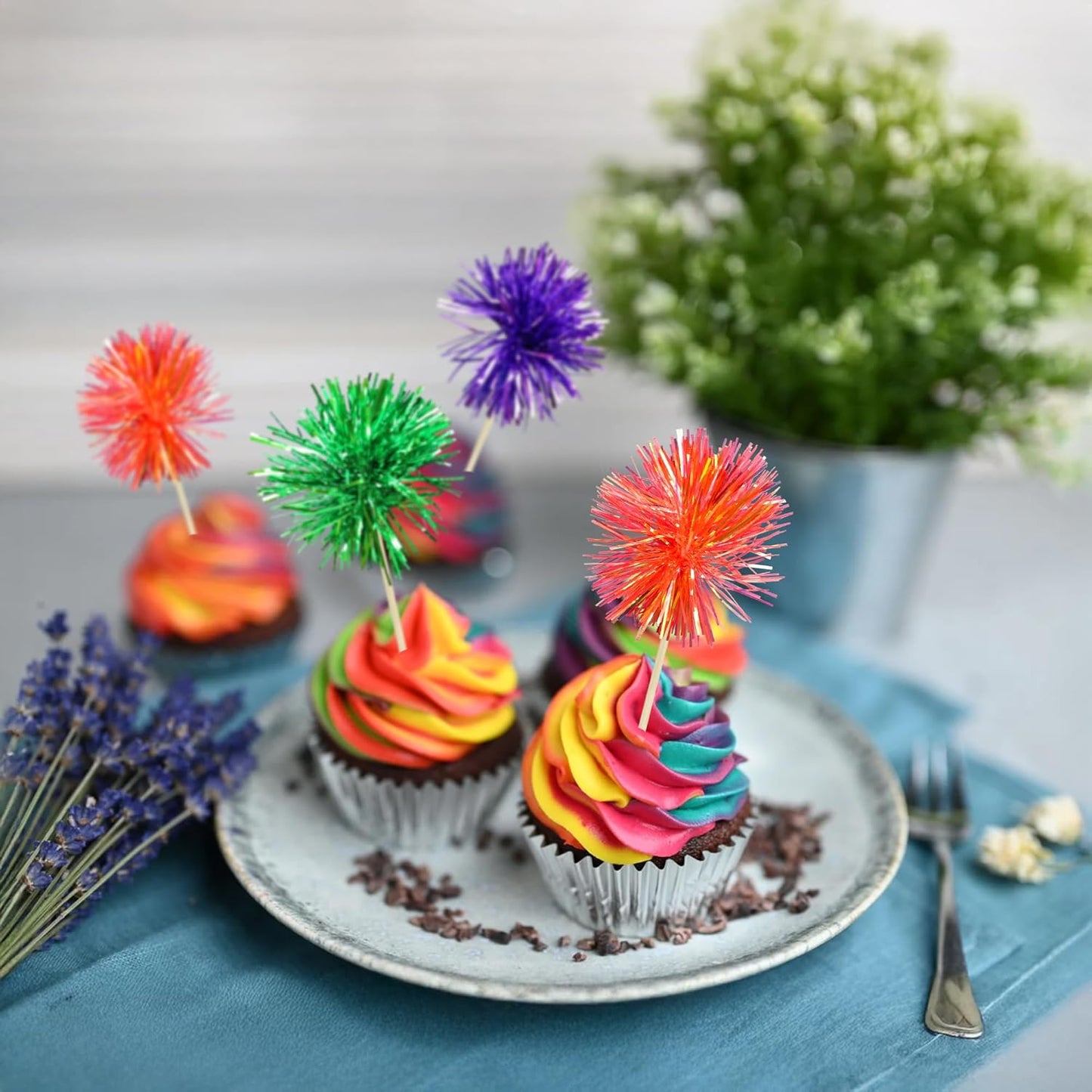 Gyufise 30Pcs Foil Firework Cupcake Toppers Sparkle Tinsel Cake Toppers Tinsel Drink Cake Decoration Cocktail Picks for Halloween Birthday Wedding Graduation Party Supplies Purple Green Orange
