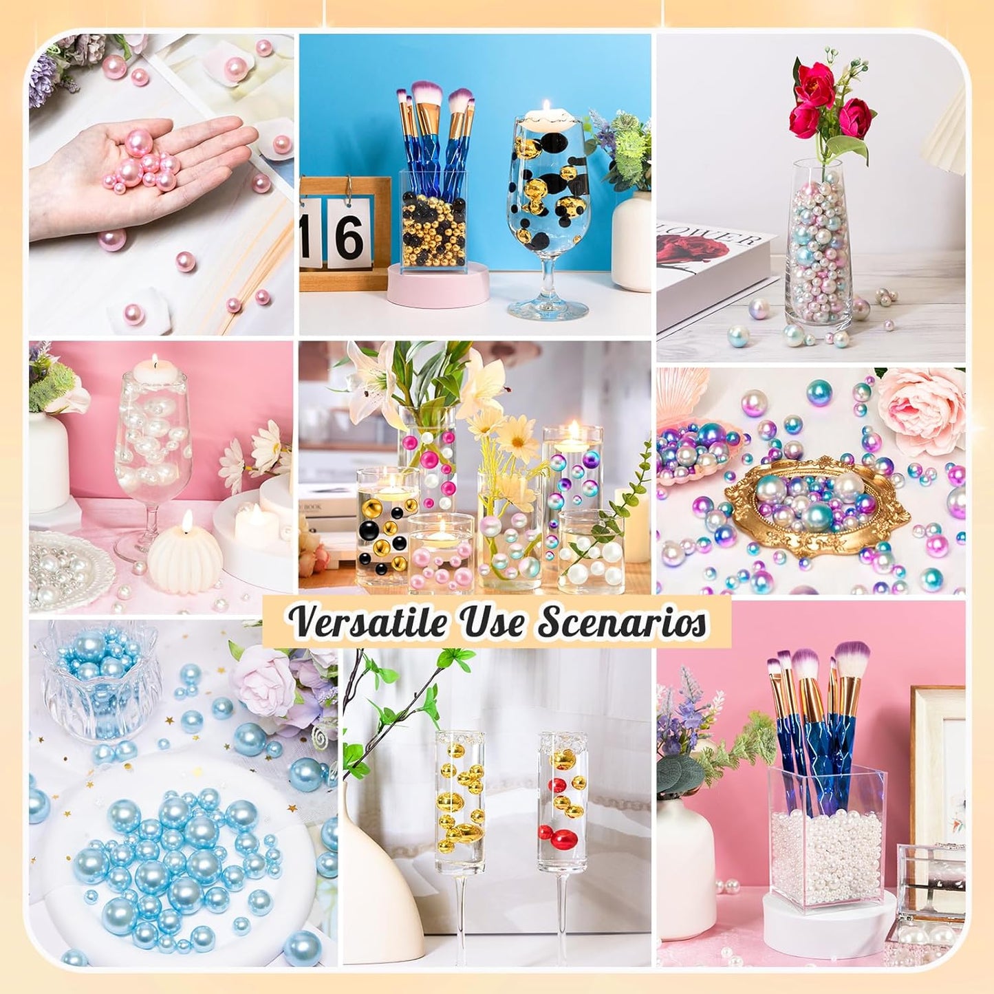 300Pcs Pearl Vase Filler, Black Gold No Hole Faux Pearl Beads for Centerpieces Vases, Candle Centerpieces, Wedding Birthday Party Home Decor 8/10/14/20mm