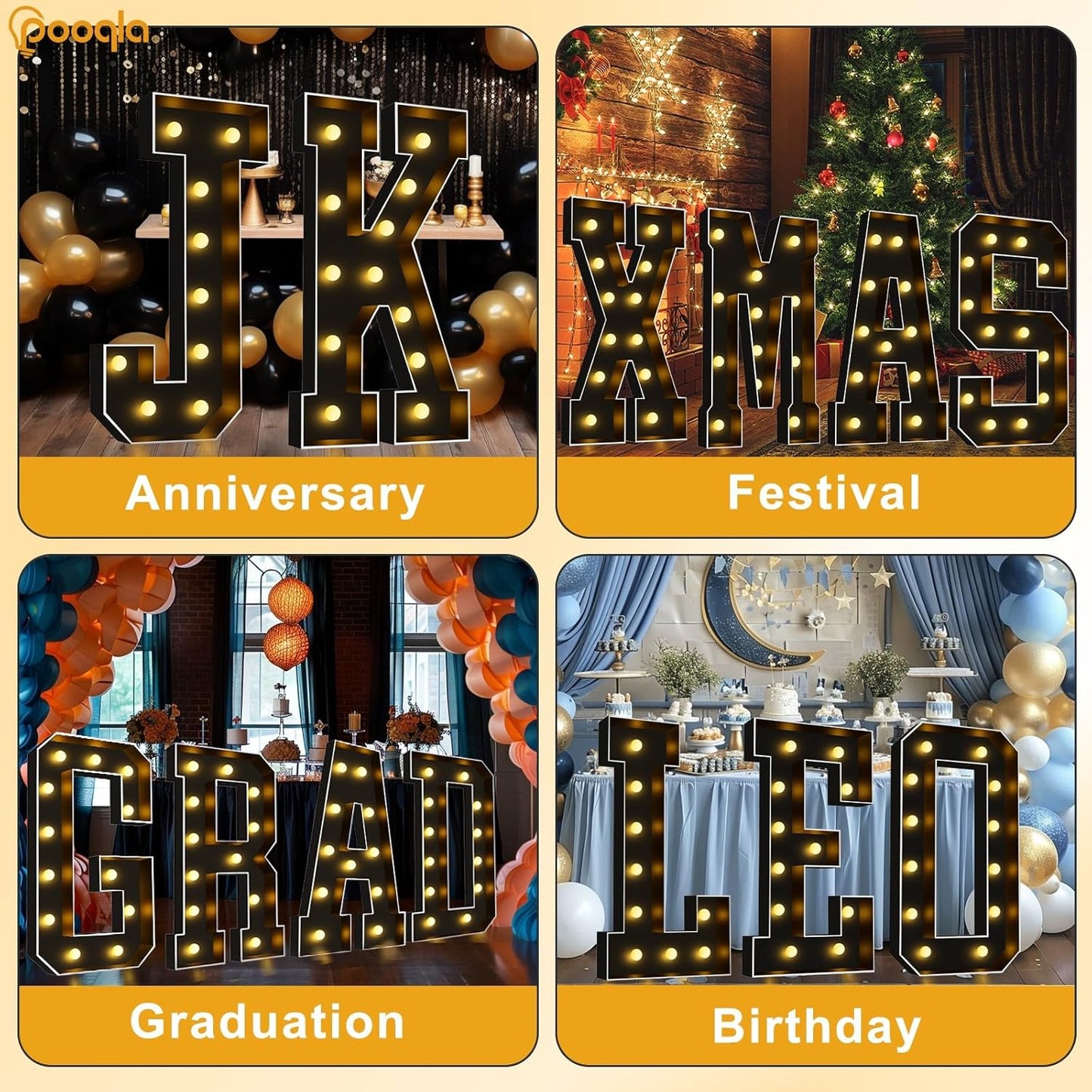 Pooqla 4 FT Marquee Light Up Letters, Black Marquee Letter Lights 4 Feet Tall, Giant Letter Sign Big Mosaic Letters for Balloons Birthday Party Anniversary Wedding Decorations, Warm White Letter D