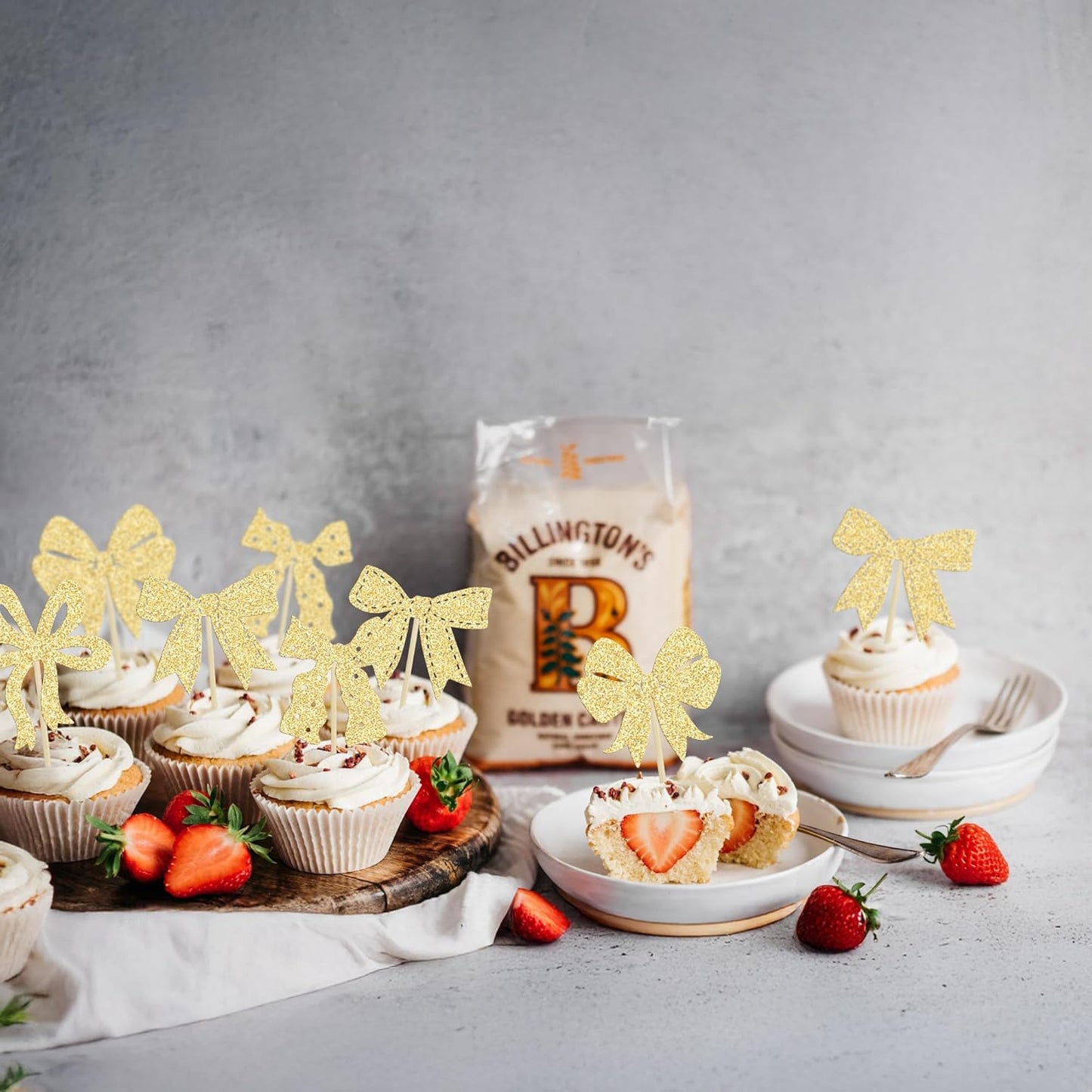 Ephlyn 24Pcs Bow Cupcake Toppers Bow Birthday Cake Topper Girls Birthday Party Decorations Bowknot Cupcake Decorations for Bridal Baby Shower Birthday Wedding Themed Party Gold