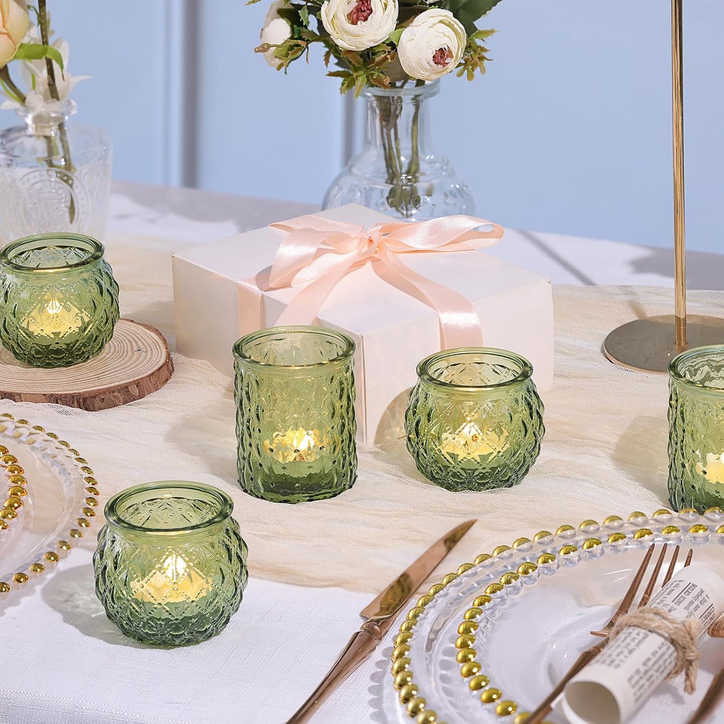 12pcs Assorted Green Votive Candle Holders, Tea Lights Candle Holder for Table Centerpiece, Green Candle Holders for Wedding, Bridal Shower and Tea Party Decorations