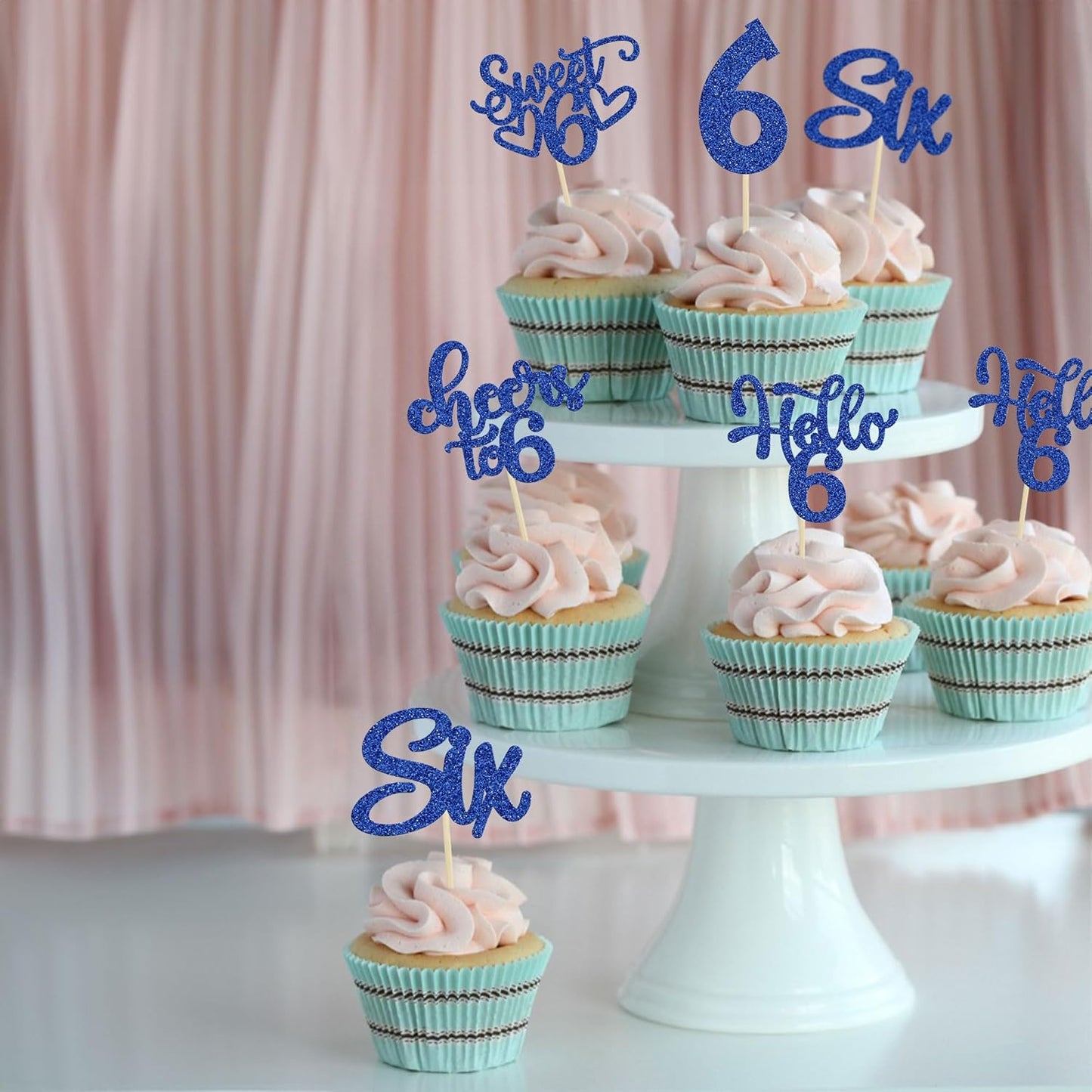 30Pcs 6th Birthday Cupcake Toppers Glitter Six Hello 6 Cupcake Picks Cheers to 6 Years Old Cake Decorations for 6th Birthday Party Supplies Deep Blue