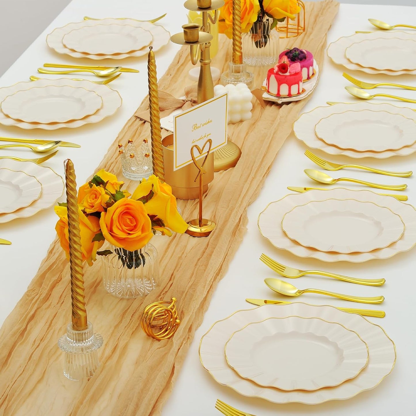 60Pcs Heavy Weight Ivory Plastic Plates with Gold Trim, Heavy Duty Wedding Plates, Elegant Disposable Plate Sets include 30 10" Dinner & 30 7" Dessert Plates for Party & Wedding(30 Guests)