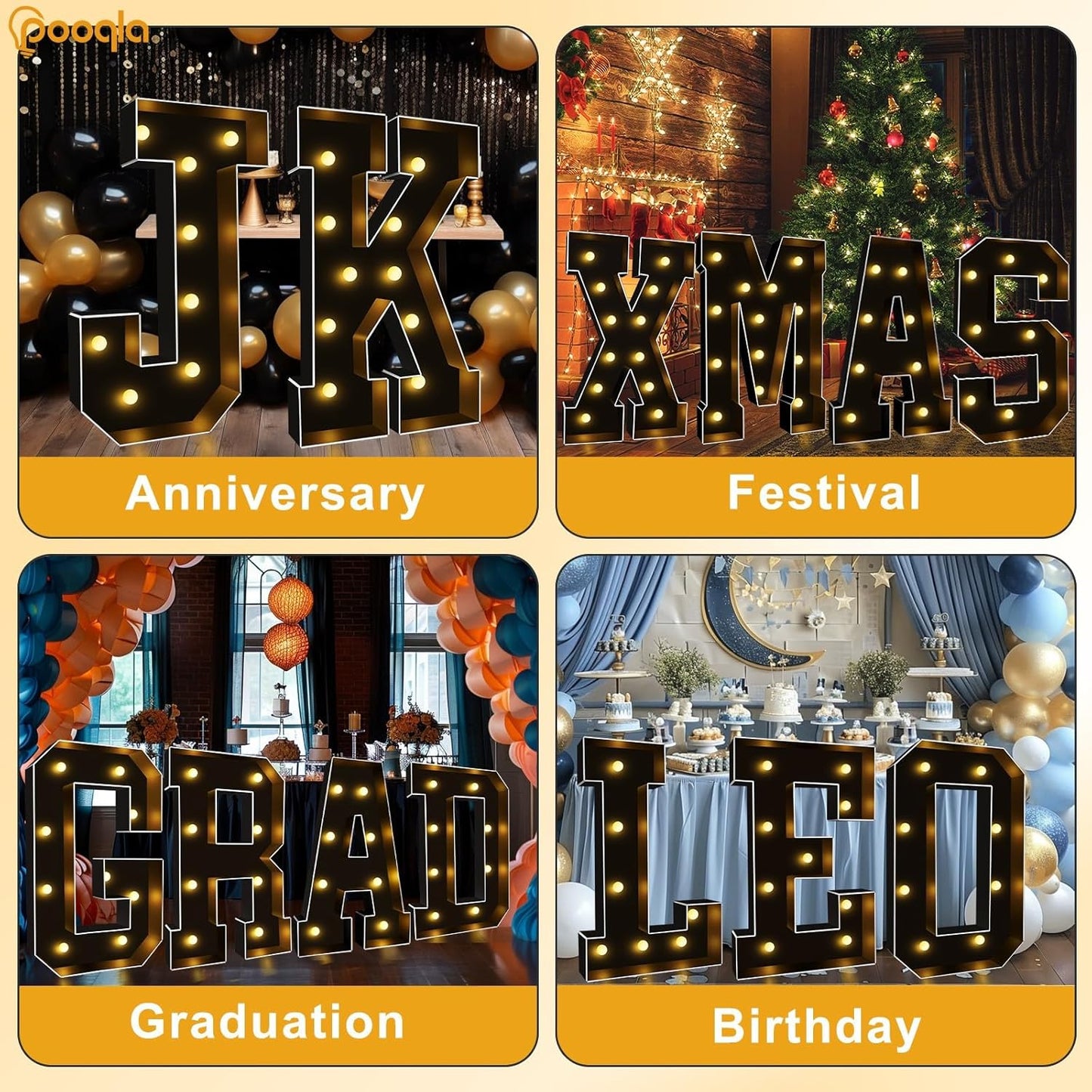 Pooqla 3FT Marquee Light Up Letters, Black LED Party Decor Large Marquee Letters 3 Feet Tall, Giant Mosaic Letter for Birthday Graduation Anniversary Wedding Decoration, Letter T
