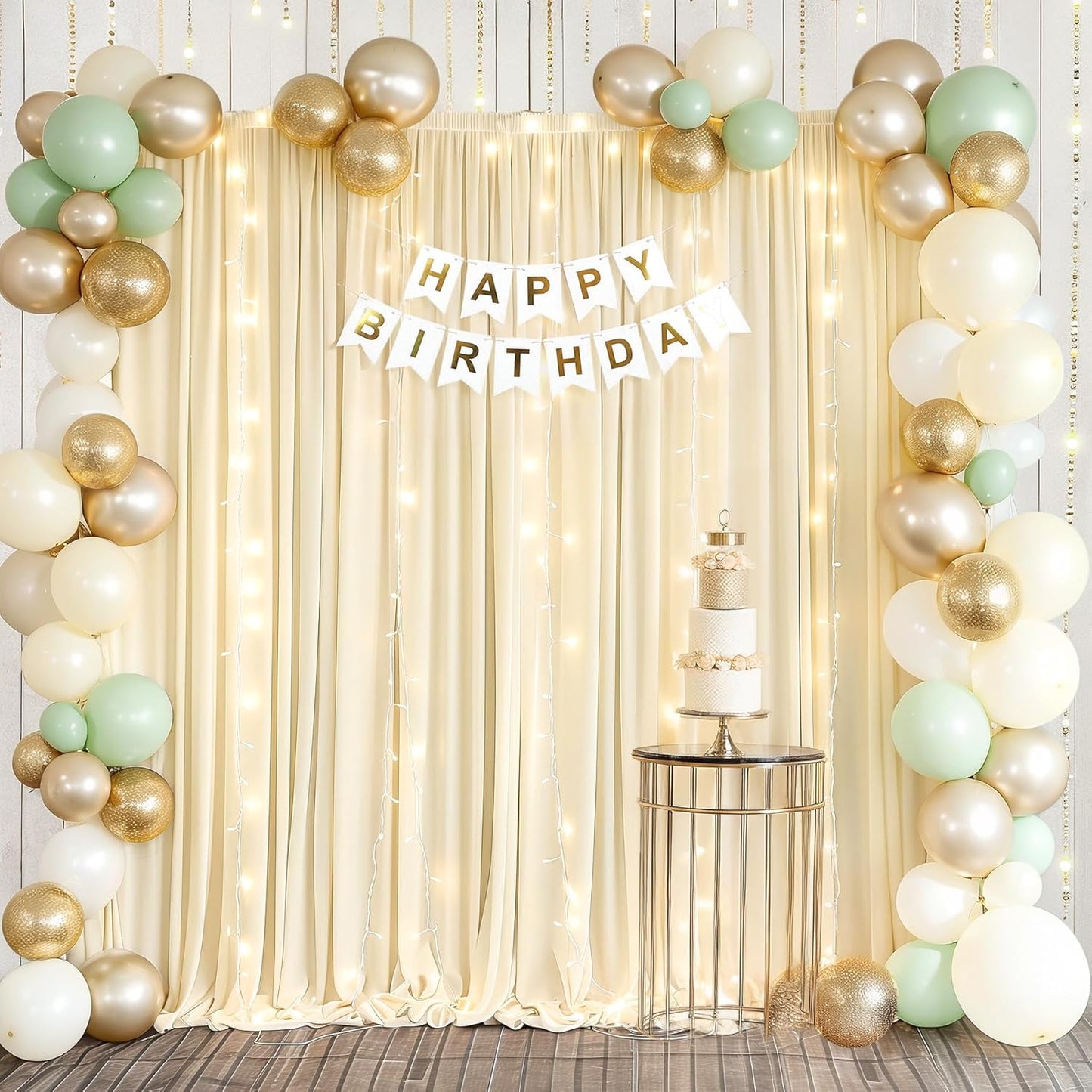 Light Champagne Backdrop Curtains with Lights String for Parties,10x10FT Wrinkle Free Wedding Photo Backdrop Curtains for Baby Shower Birthday Ceremony Reception Home Party Decorations-5ft x 10ft