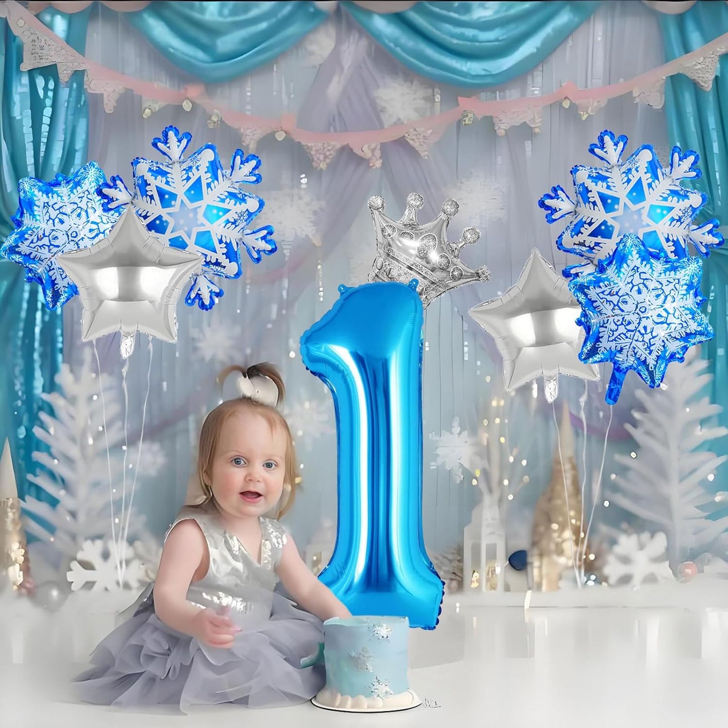 8Pcs Winter Wonderland Decorations - 40inch Blue Number 1 Balloons - Snow Balloons for Winter Birthday Decorations - Party Supplies