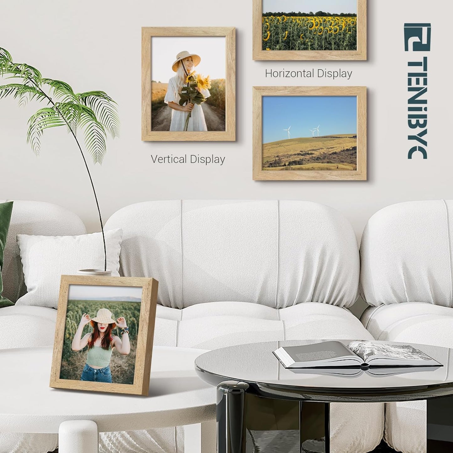 8x10 Picture Frame 4 Pack, Textured Natural Wood, HD Tempered Glass, Gallery Photo Frame, Table or Wall Display