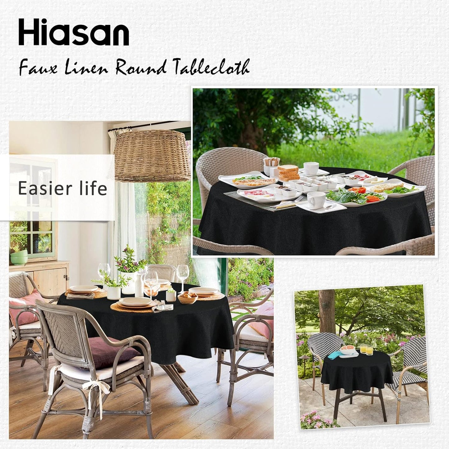 Hiasan Round Linen Tablecloth 30 Inch - Wrinkle and Stain Resistant Washable Polyester Fabric Table Cloth for Dining Room Kitchen Party, Black
