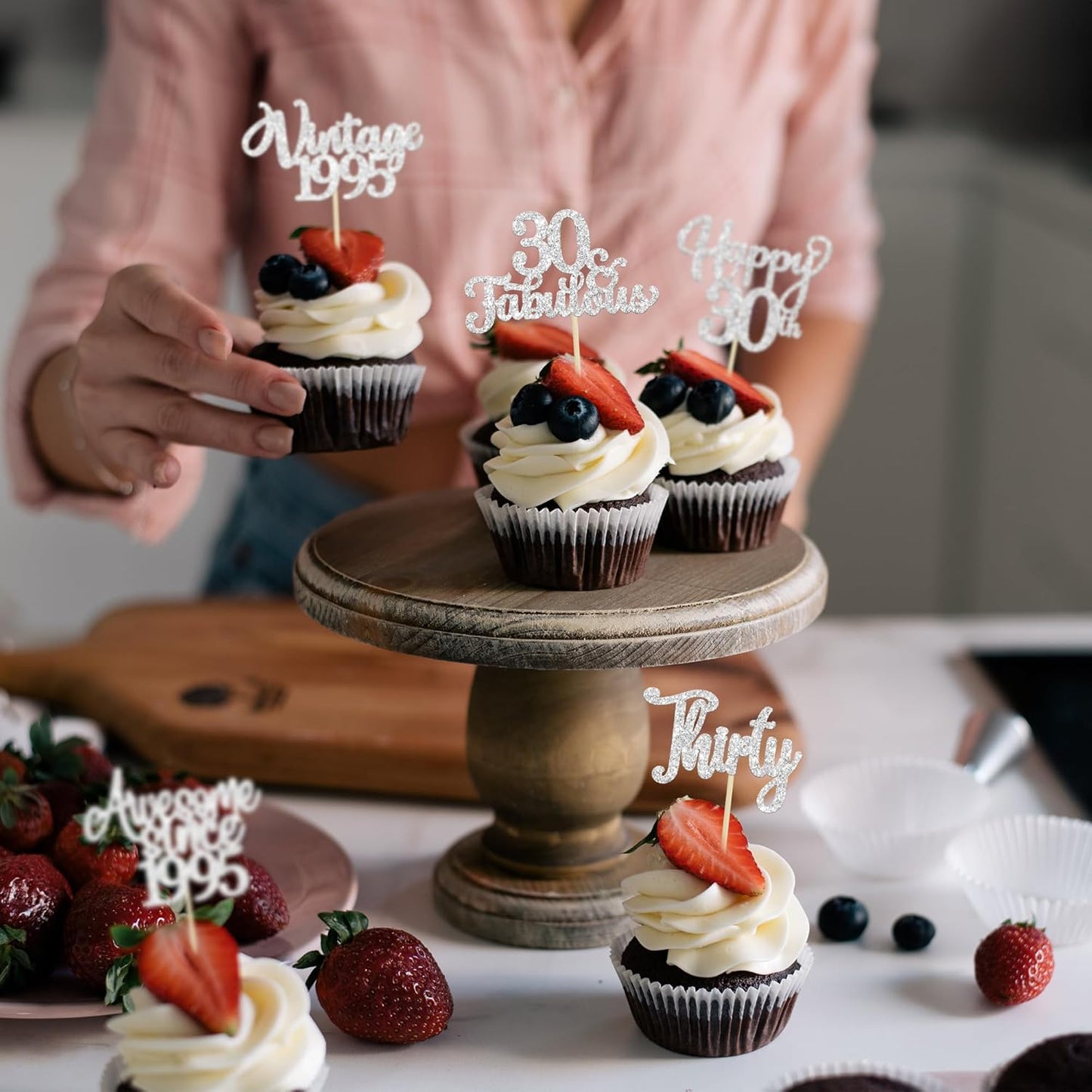 30Pcs Happy 30th Birthday Cupcake Toppers Glitter Thirty Vintage 1995 Cupcake Picks Cheers to 30 Fabulous Cake Decorations for 30th Birthday Wedding Anniversary Party Supplies Silver