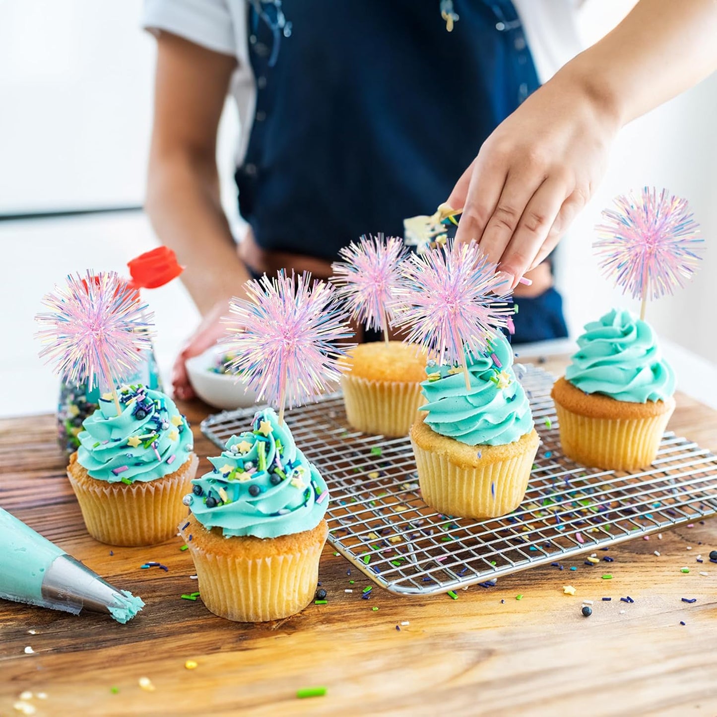 Ephlyn 30Pcs Foil Firework Cupcake Toppers Happy Birthday Cake Toppers Tinsel Flower Drink Stirrers Cocktail Food Fruit Toothpicks for Valentine's Day Party Decorations Pink