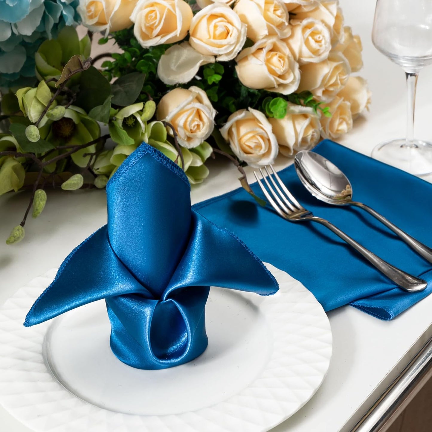 36 Pack Square Satin Dinner Napkins, 16x16 Inches Silky Soft Smooth Table Cloth Napkins for Restaurant Weddings Banquet Party Decoration, Royal Blue