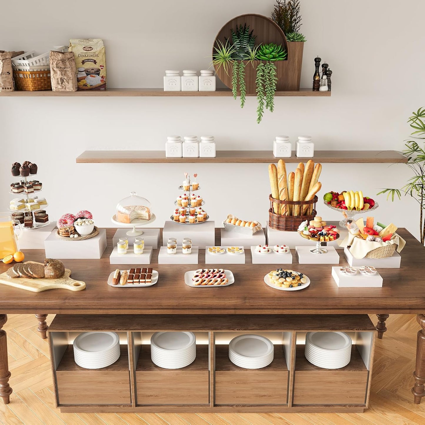 Oversized Buffet Risers, Food Display Stand for Catering Dessert Collectibles Jewelry Figures Show, White Acrylic Cuboid Display Nesting Risers with Hollow Bottoms, Cuboid, 6 Pcs, 10x12x14