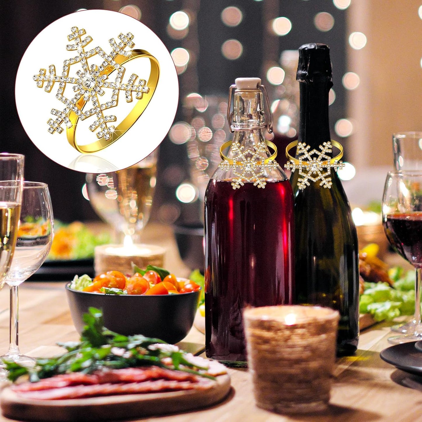 Patelai 100 Pieces Snowflake Napkin Rings Thanksgiving Christmas Napkin Holders Exquisite Household Rhinestone Napkin Rings Set for Christmas Wedding Dinner Party Table Decoration (Gold)