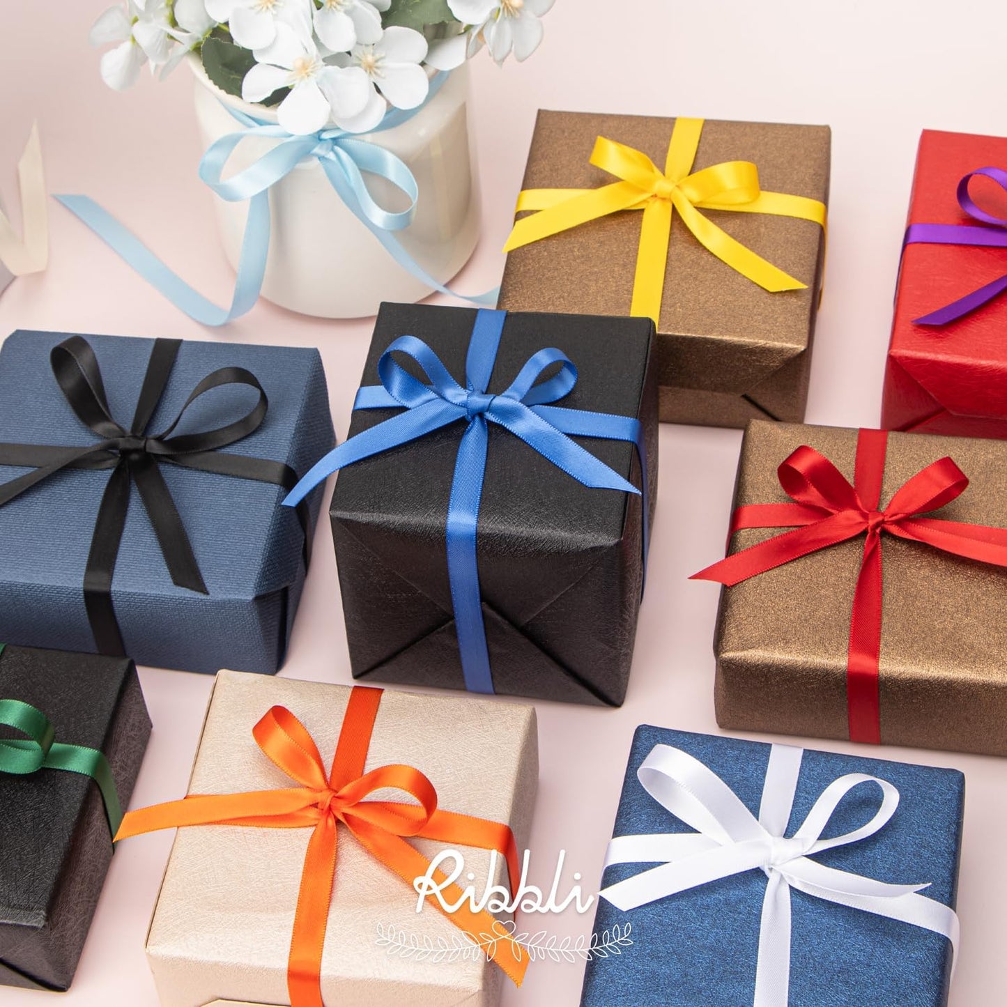 Ribbli Double Faced Red Satin Ribbon,3/8” x Continuous 25 Yards,Use for Bows Bouquet,Gift Wrapping,Floral Arrangement