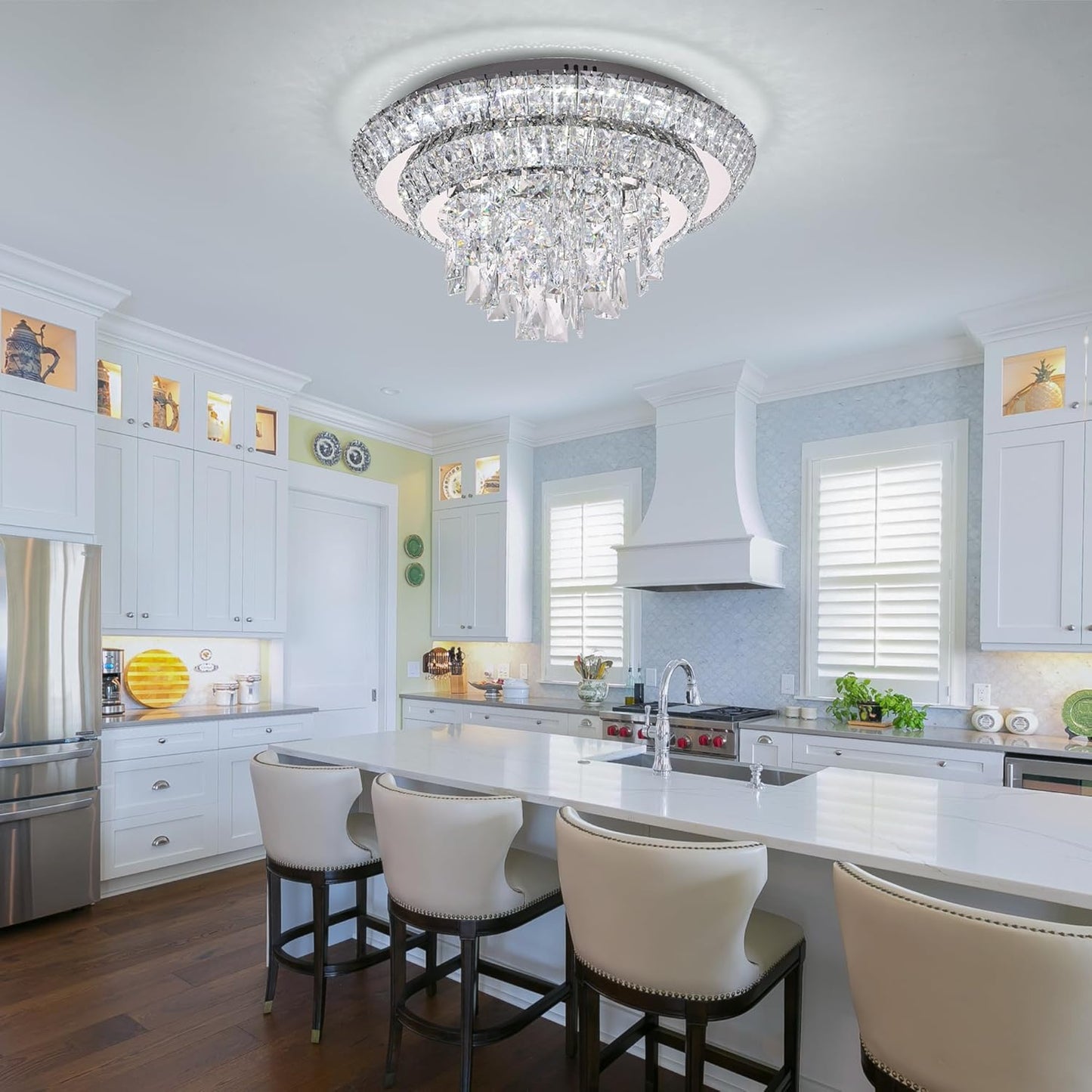 18 inch Crystal Silver Ceiling-Light Flush Mount with Remote Control and APP, 3CCT Dimmable & Brightness Adjustable, Modern Crystal Raindrop Chandeliers for Bedroom Hallway Dinning Room Living Room