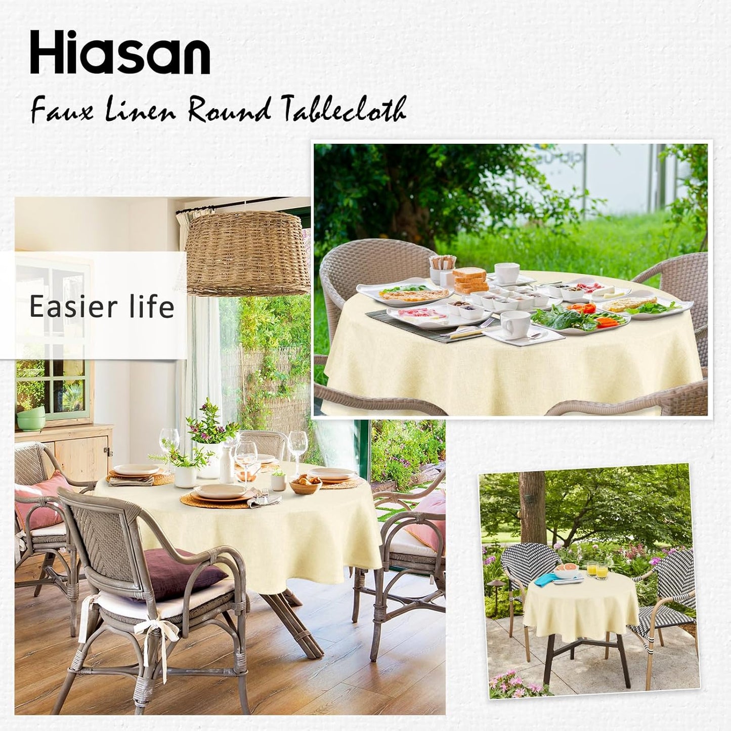 Hiasan Round Linen Tablecloth 80 Inch - Wrinkle and Stain Resistant Washable Polyester Fabric Table Cloth for Dining Room Kitchen Party, Champagne