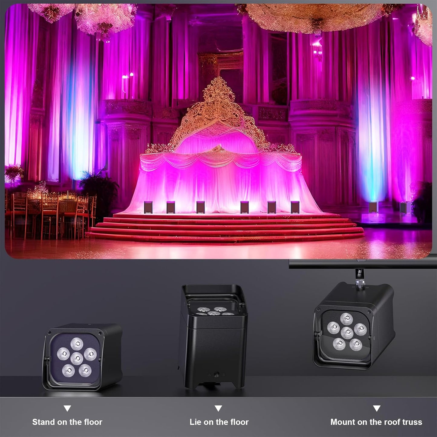 9600mAh Wireless Uplights with Charging Case, 6x18W RGBWA UV Stage Lights, APP/DMX512 Controlled Par Lights, Rechargeable Battery Powered Uplights for Show, Party,Black 6 Pack