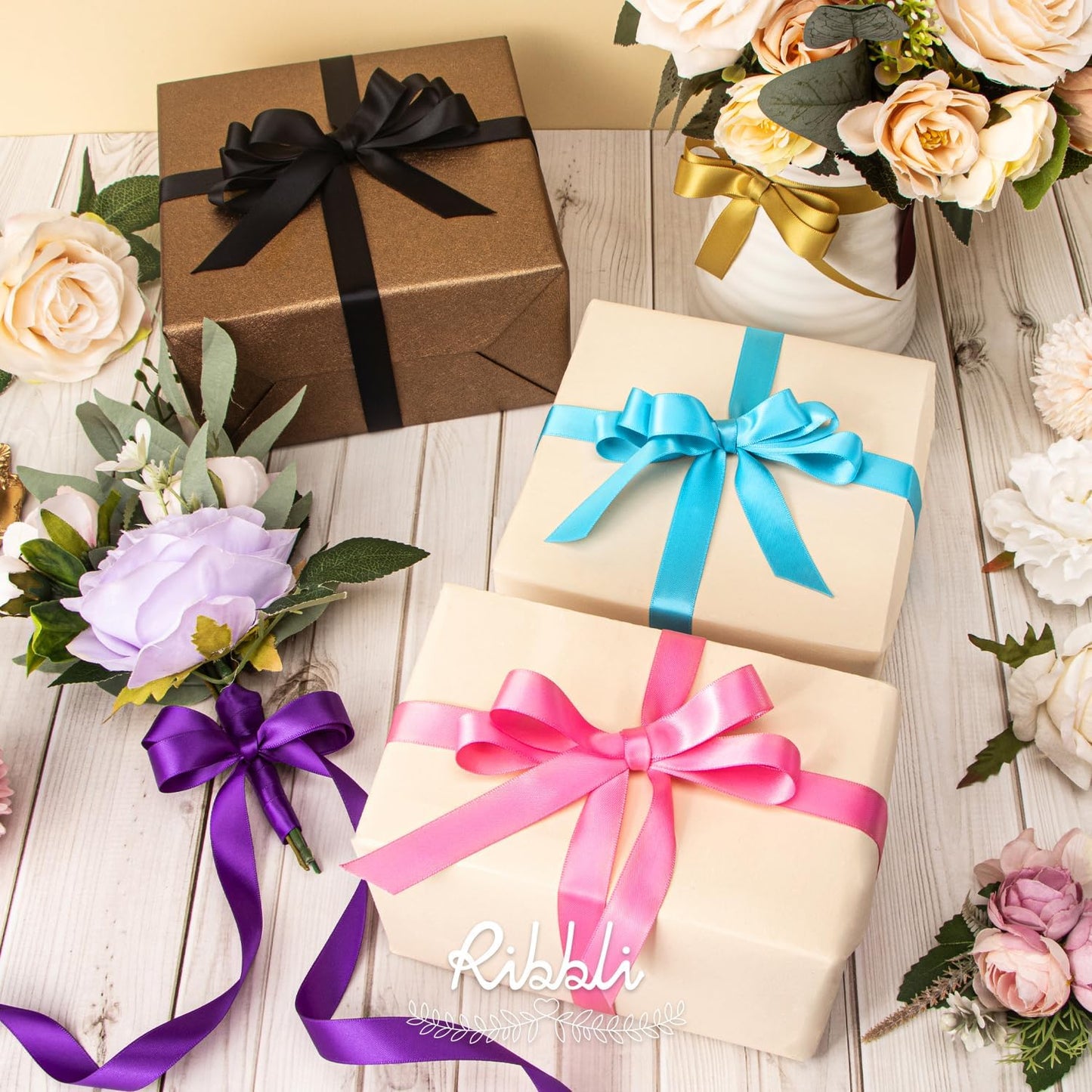 Ribbli Gold Satin Ribbon 5/8 inch x Continuous 25 Yards,Double Faced Satin Use for Craft, Gift Wrapping, Christmas Ornaments, Hair Bows, Bouquet Bows