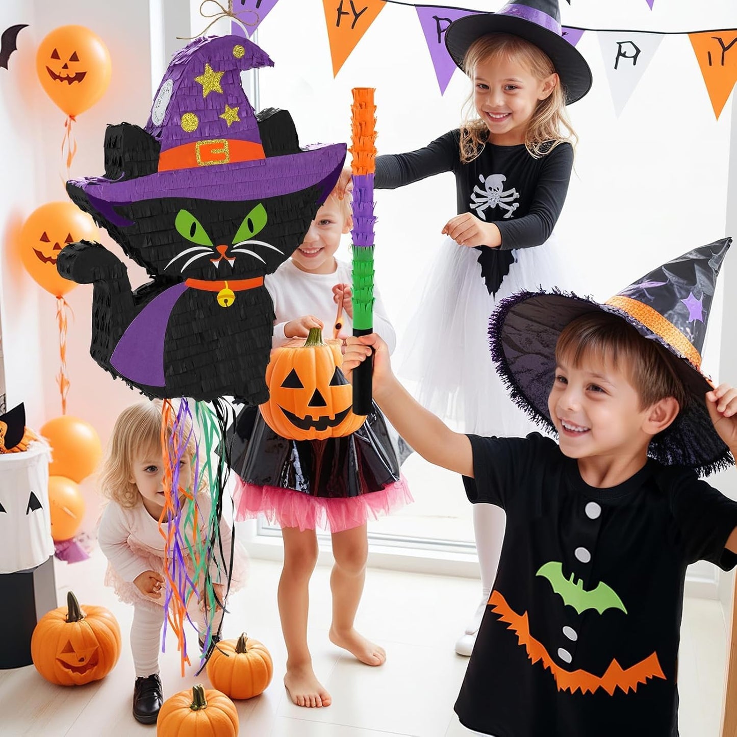 WERNNSAI Halloween Cat Pinata - Halloween Party Decorations Black Cat Pinata Witch Hat for Kids Hallows Eve Birthday Theme Party Games Supplieswith Stick & Blindfold