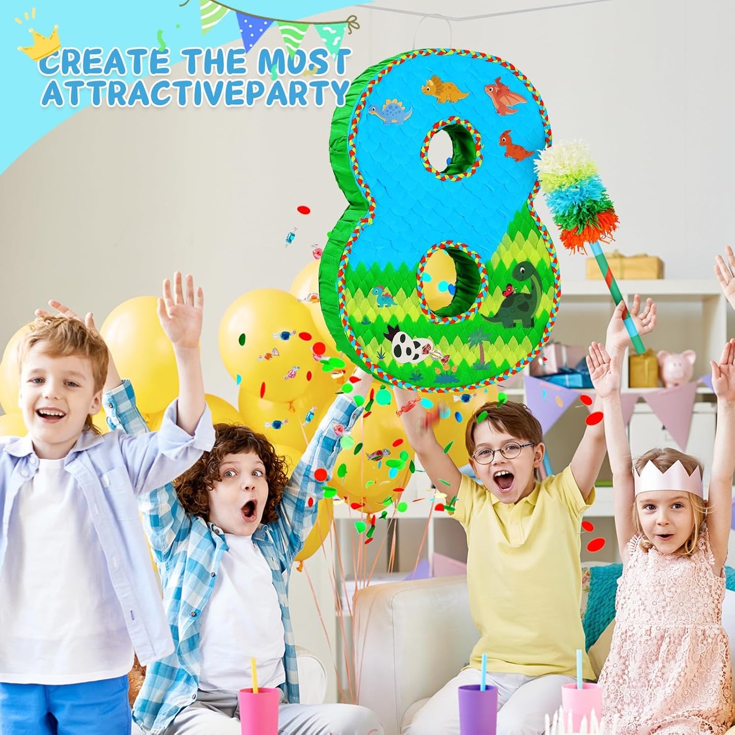 Number 8 Pinata for Birthday Party Decorations, Jungle Dinosaur Piñata Games Toy (8th)