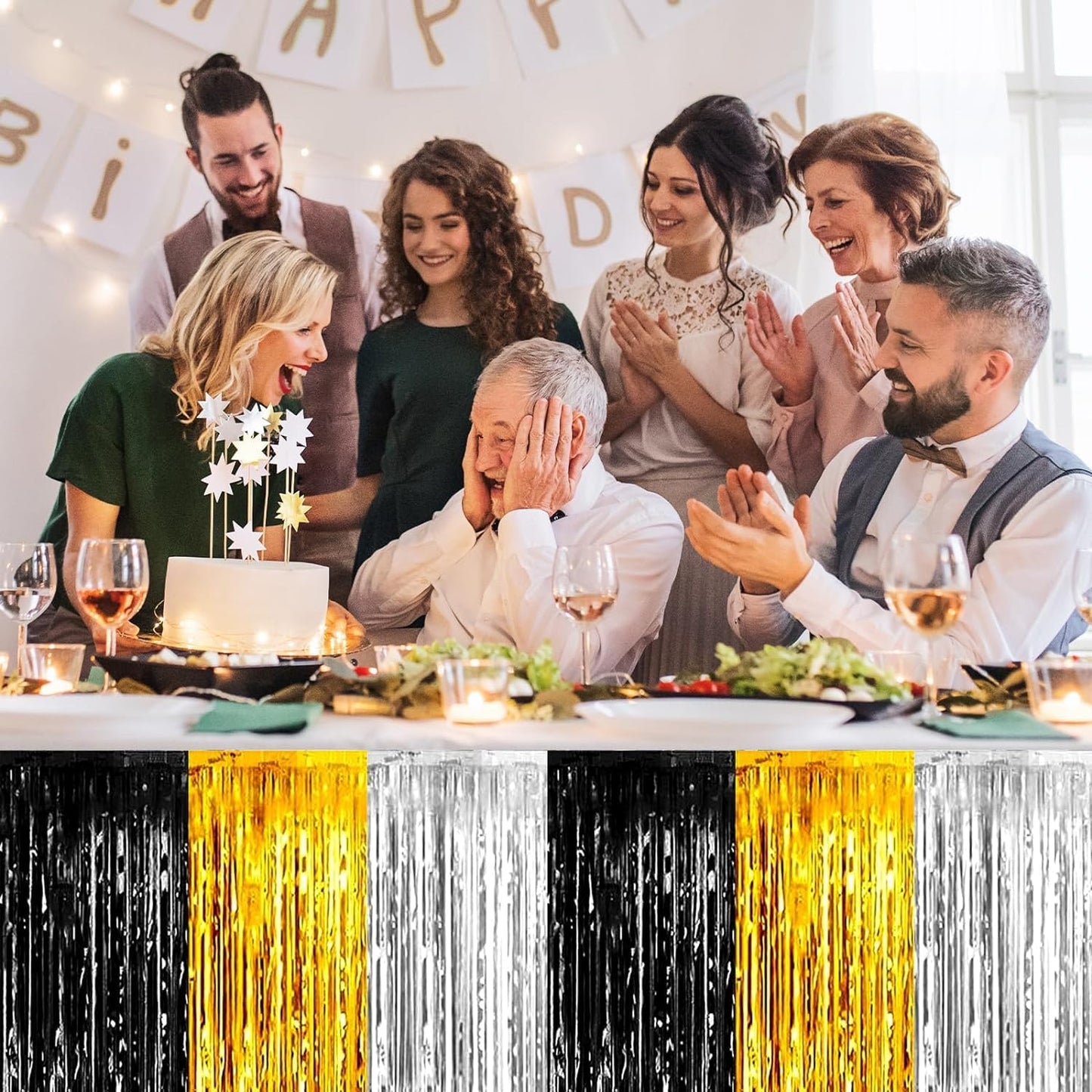 4P Metallic Foil Fringe Tinsel Table Skirts for Rectangle Tables Backdrop Banner Streamer Garland Curtains Parade Floats Wedding Graduation Anniversary Birthday Parties Decoration (Black Gold Silver)