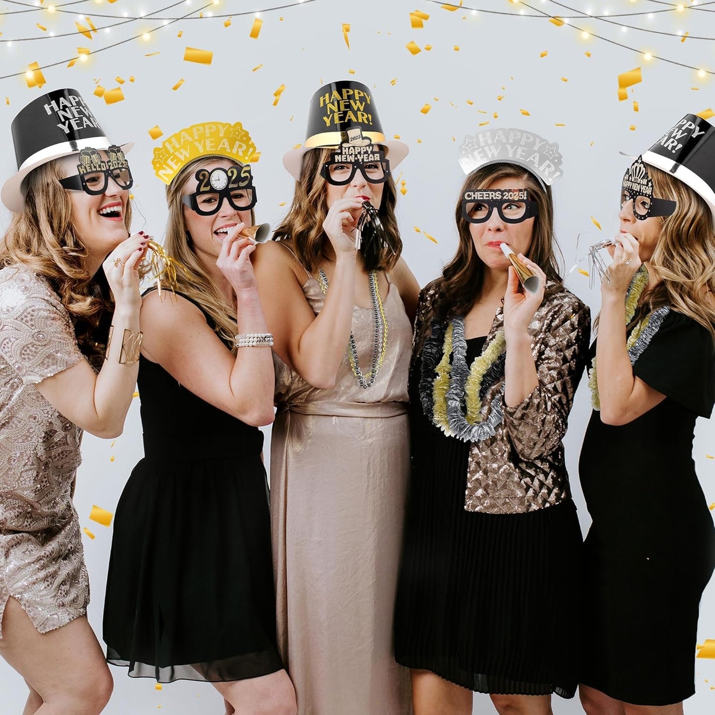 Fovths 264 Pieces 2025 New Years Eve Party Supplies Includes Glasses Top Hats Headband Noisemakers Horns Bead Necklaces Plastic Leis New Year Party Favors for Celebration Decoration Gift