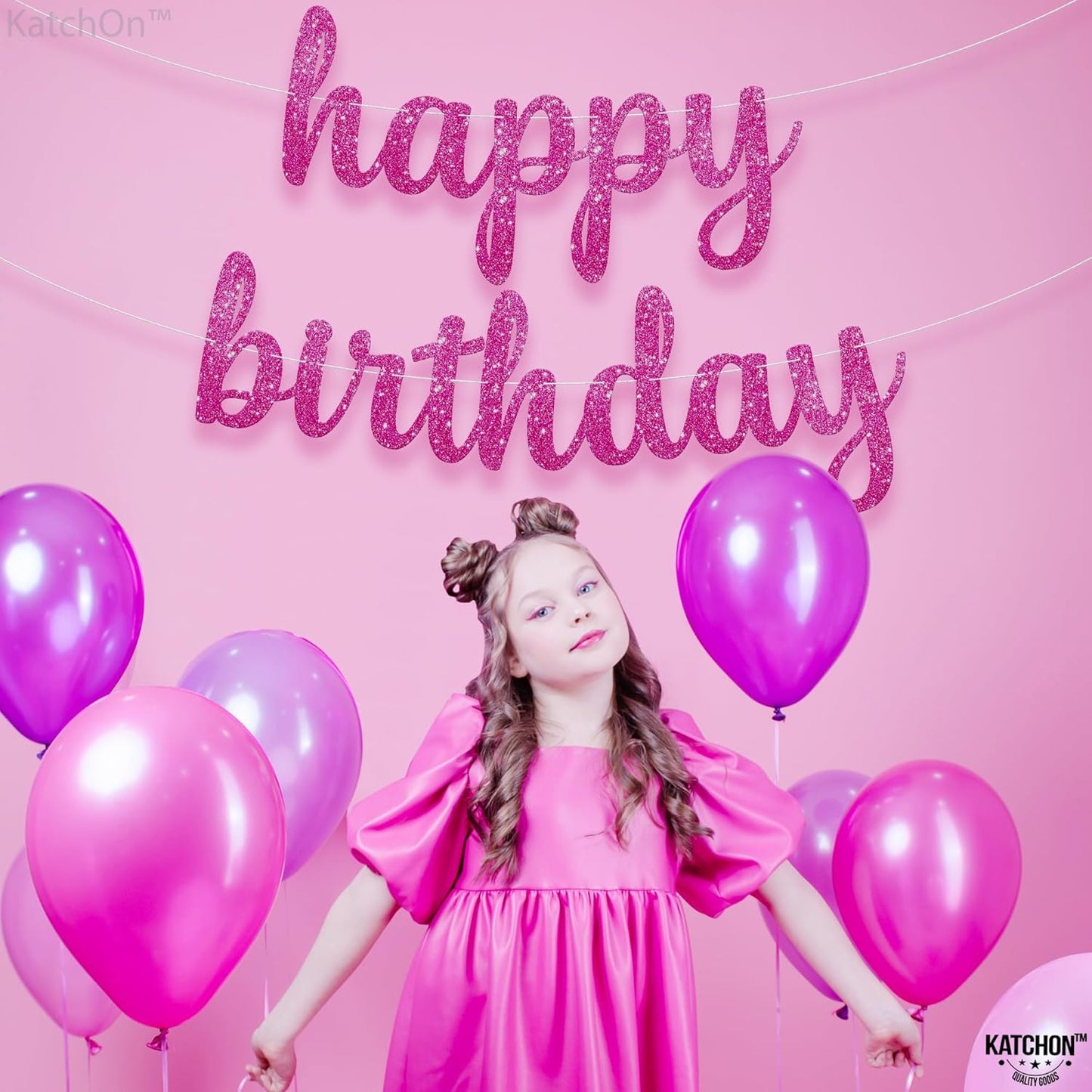 KatchOn, Glitter Pink Cursive Happy Birthday Banner - Pre-Strung, 10 Feet | Birthday Decorations for Women, Girls | Hbd Banner Backdrop For Pink Birthday Decorations, Happy Birthday Sign