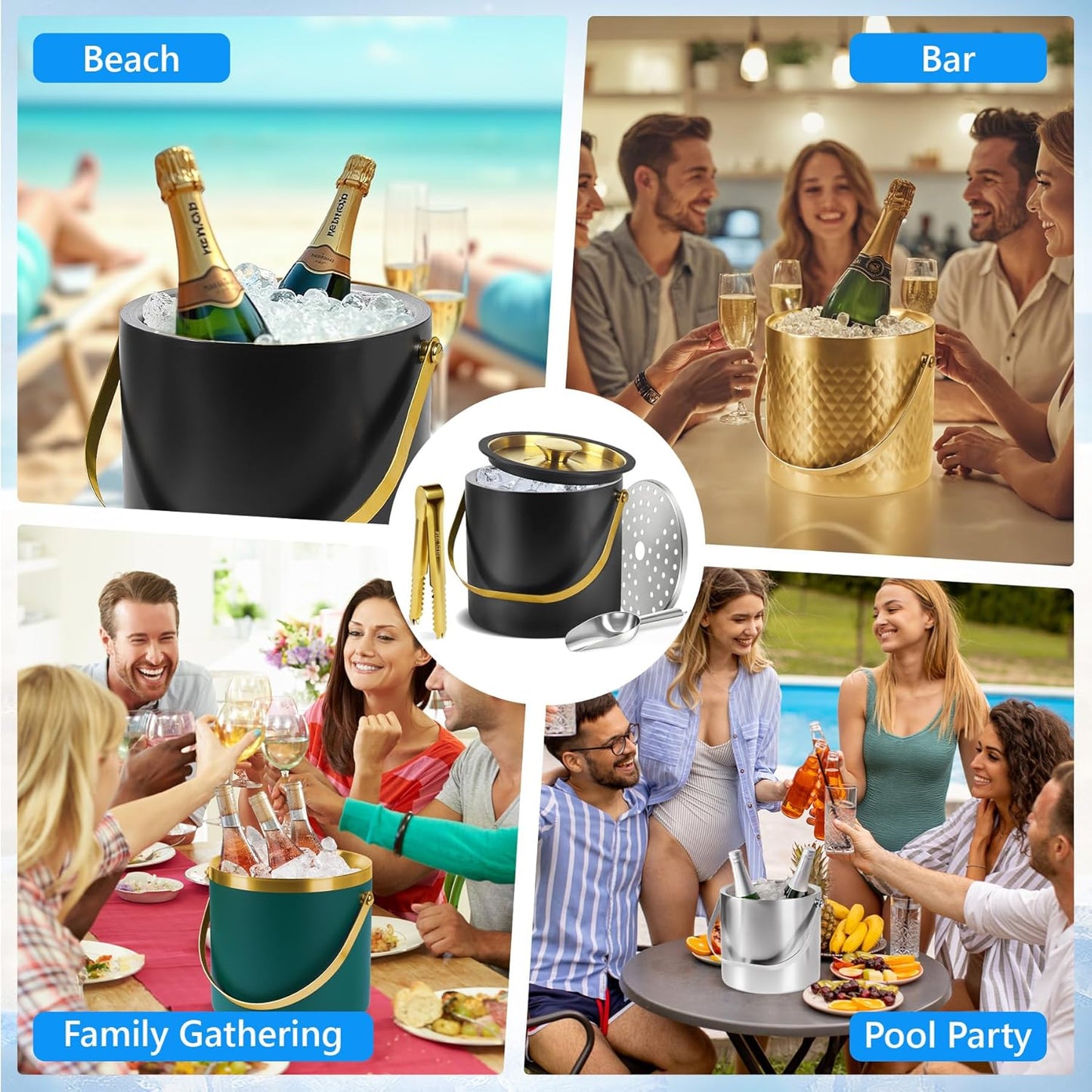 Ice Bucket, Ice Bucket with Silicone Sealing Ring Double-Wall Vacuum Insulation Champagne Buckets with Filter Layer Ice Tongs Ice Scoop (Green, 3 L)