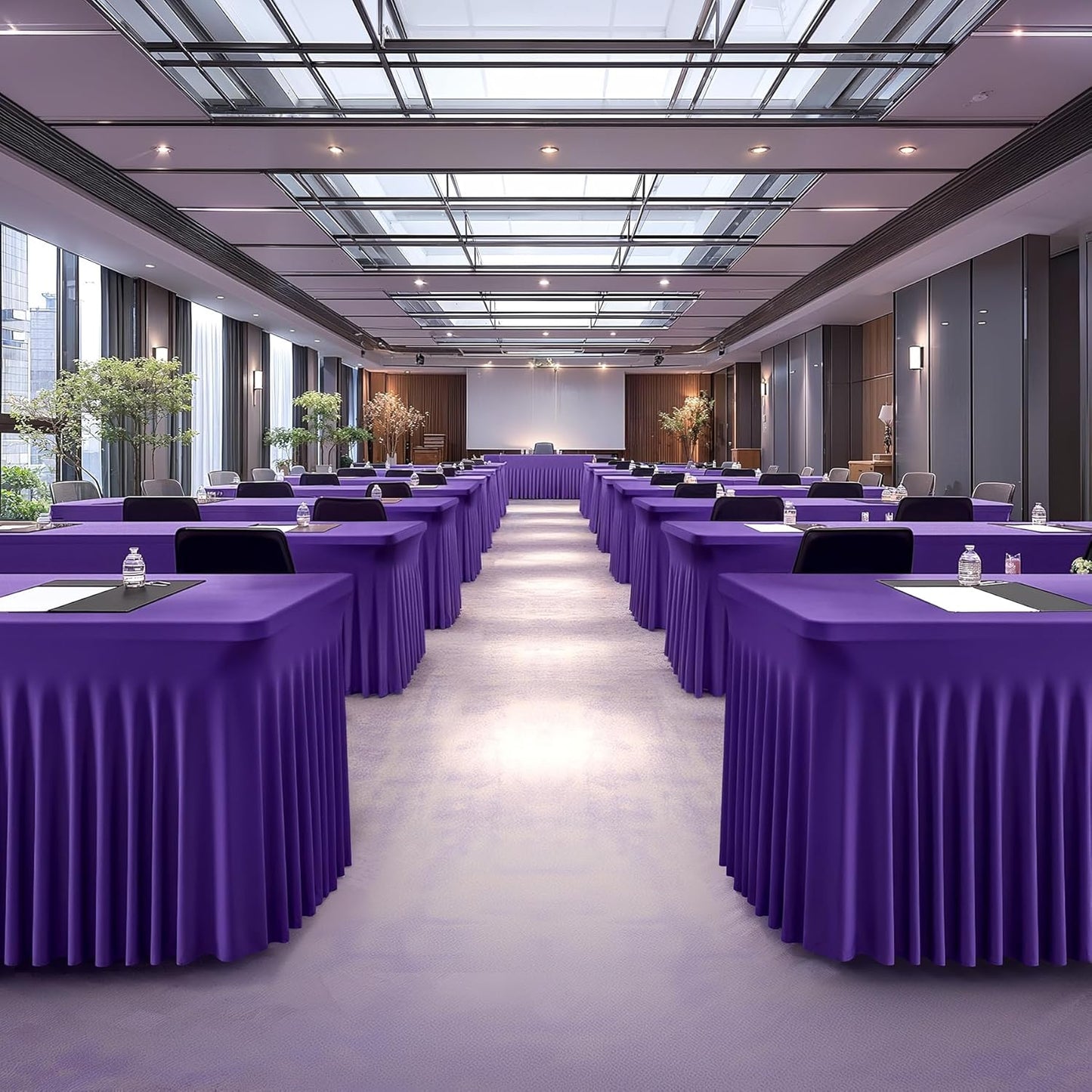 6 Pack Dark Purple Spandex Table Clothes for 8 Foot Rectangle Tables, 8FT Wrinkle Free Fitted Tablecloths Ruffles Design Table Cover for Party, Banquet, Wedding and Events