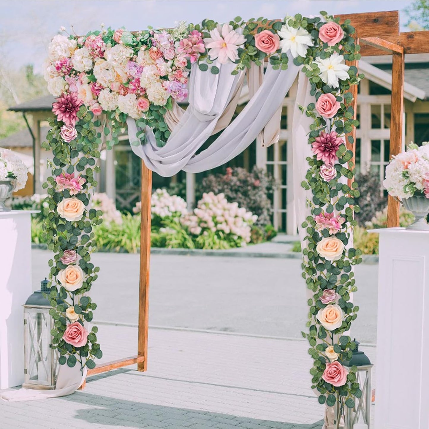 Waipfaru 2Pcs Artificial Flower Garland Decorations, 12.14Ft Eucalyptus Greenery Vines with Pink Roses for Wedding Table Runner Centerpieces Backdrop Room Decor (Pink)