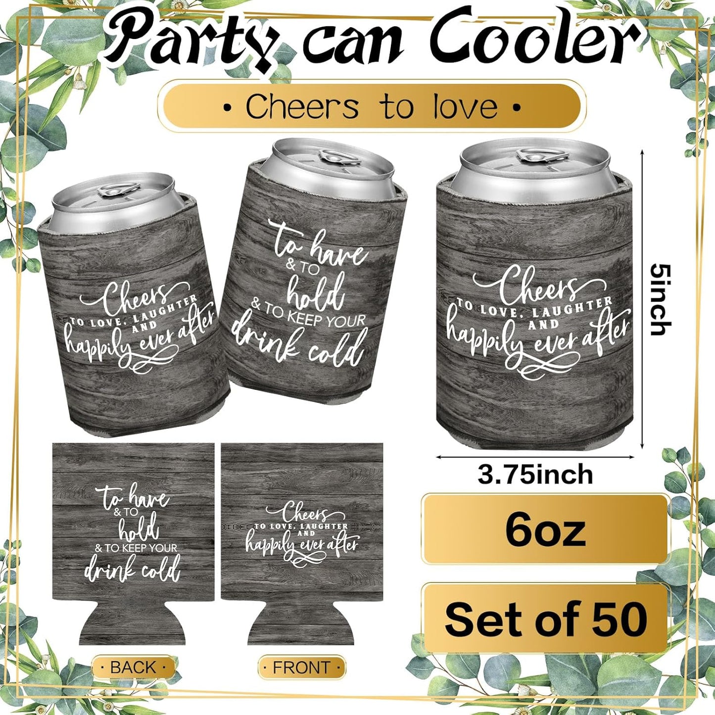 50 Pieces Wood Grain Wedding Can Cooler Sleeves Bulk Engagement Party Favors for Guests Cheers to Love Laughter and Happily Ever After Rehearsal Dinner Decorations for Wedding Bridal