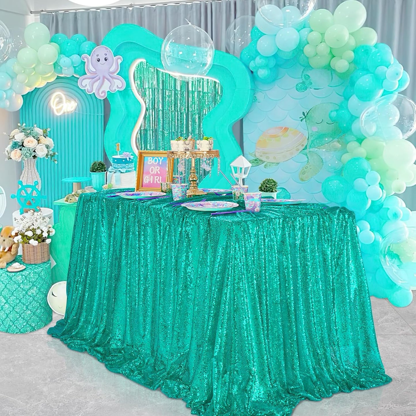 QueenDream Lake Green Tablecloth Sequin Fabric Table Cloths 90x156 Inch Mermaid Party Decorations Purple Overlay Drapes Birthday Party Ocean Decorations