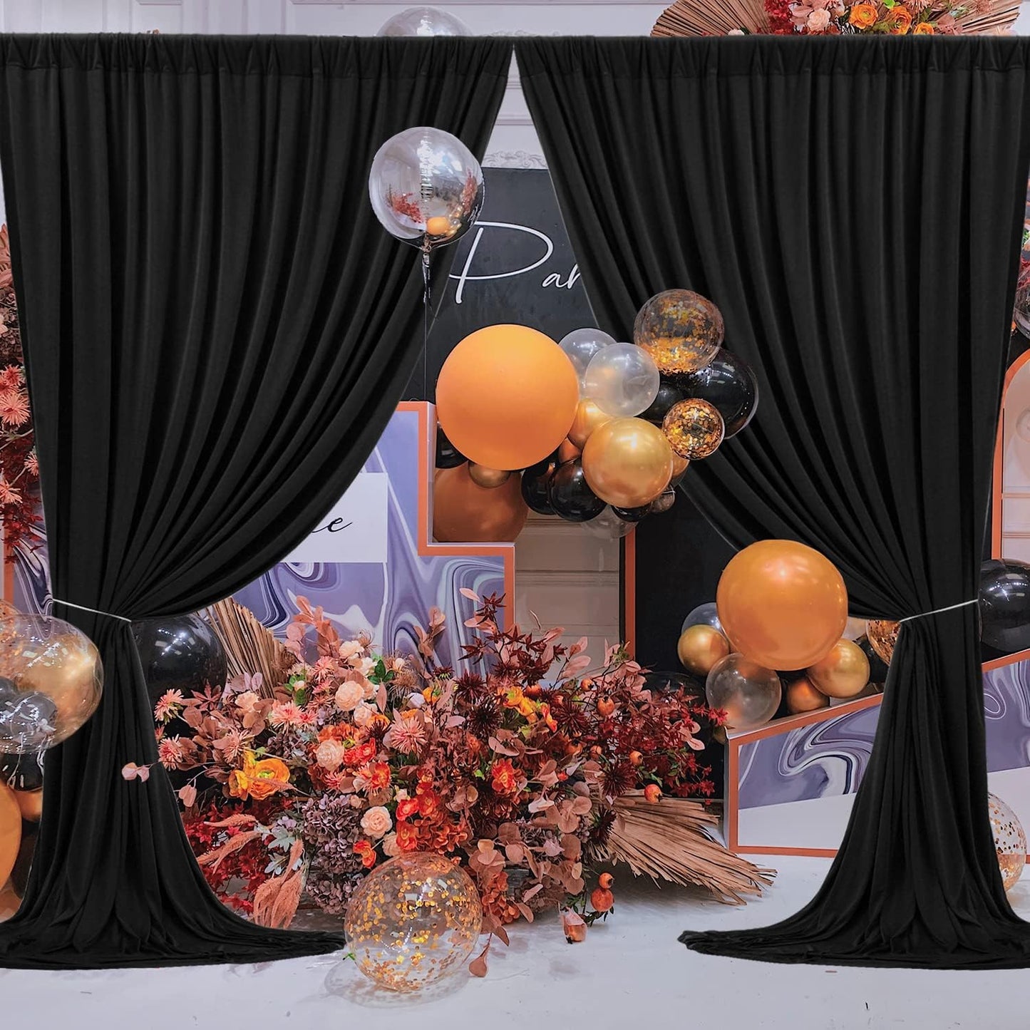 50 ft x 10 ft Wrinkle Free Black Backdrop Curtain for Parties, 10 Panels Polyester Black Photo Backdrop Drapes for Graduation Birthday Wedding Party Stage Curtains, Thick Bulk Background Curtains