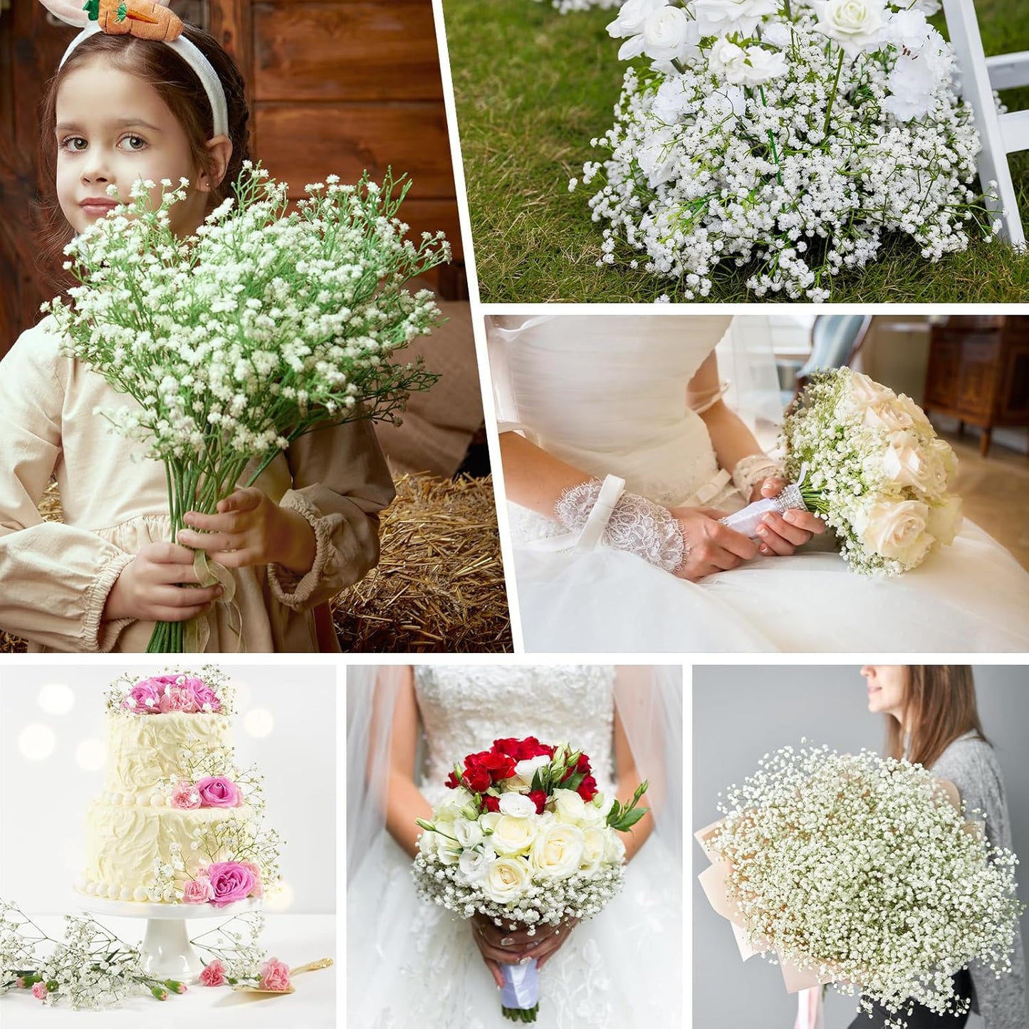 Babys Breath Artificial Flowers, Real Touch Babys Breath Flowers Artificial Bulk for Wedding Decor, White Fake Flowers for Party Home Garden Decor (6, White)