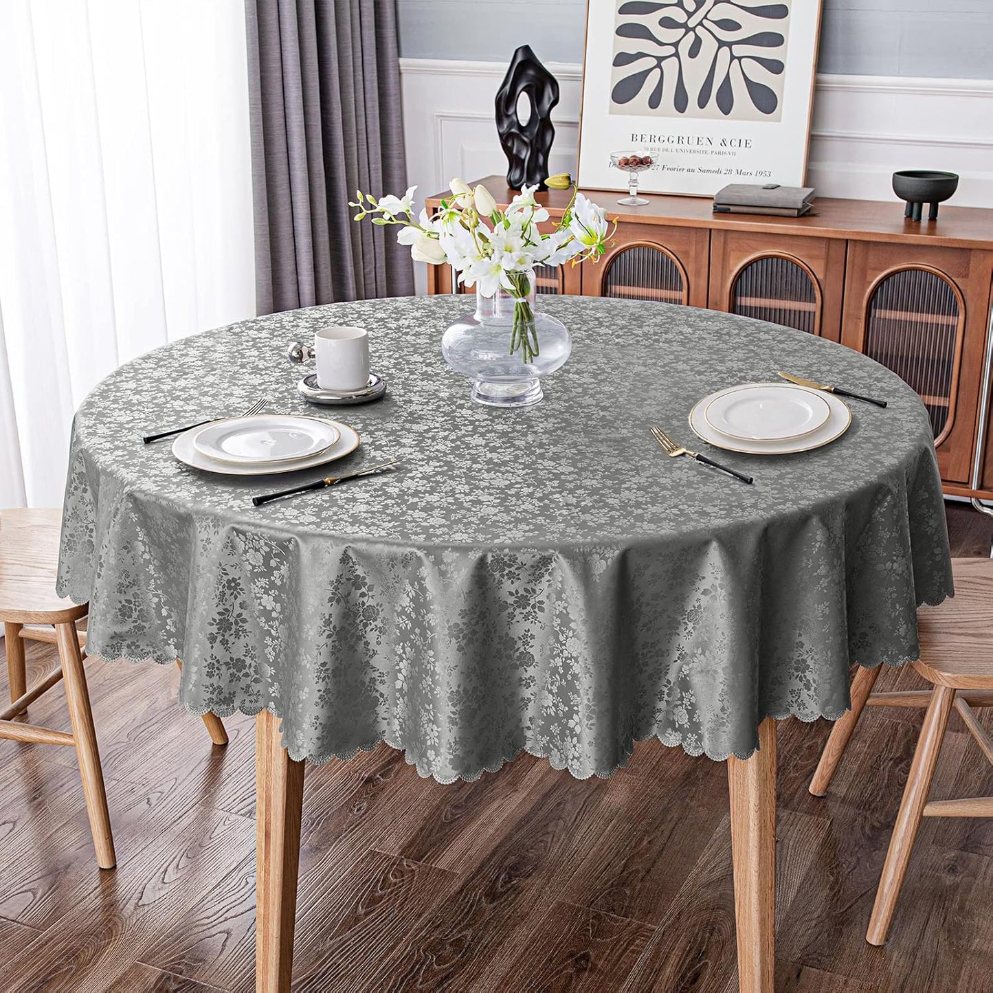 Smiry Round Table Cloth, Waterproof Heavy Duty Vinyl Tablecloths, Wipeable Washable Table Cover for Kitchen and Dining Room (Grey, 70" Round)