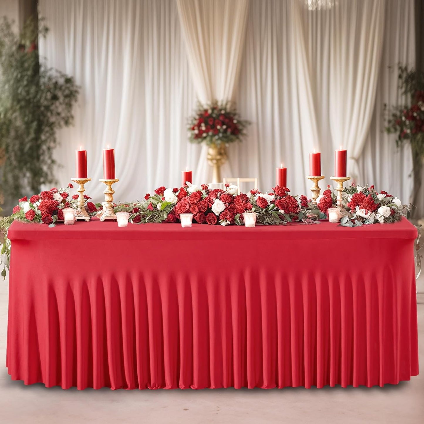 2 Pack Red Spandex Table Clothes for 8 Foot Rectangle Tables, 8FT Wrinkle Free Fitted Tablecloths Ruffles Design Stretch Table Cover for Party, Banquet, Wedding and Events