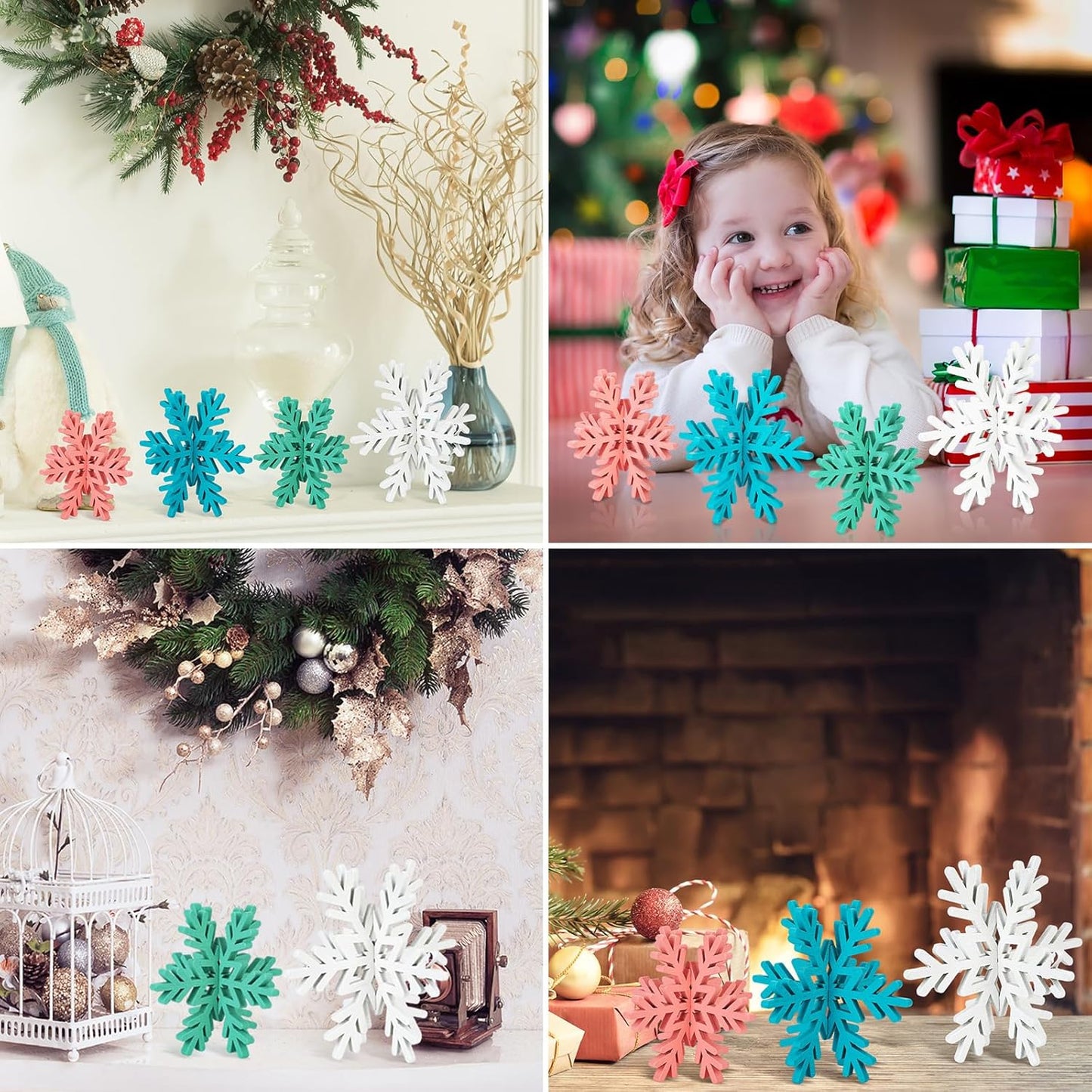 Bucherry 12 Pcs Wooden Snowflake Table Decor 3D Snowflake Tabletop Signs and Centerpiece for Christmas Xmas Winter Wonderland Decorations Home Party(Pink, Green, Blue, White)
