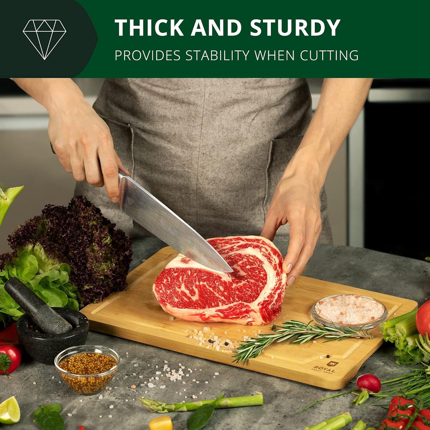 ROYAL CRAFT WOOD Wooden Cutting Boards for Kitchen Meal Prep & Serving - Bamboo Wood Serving Board Set with Deep Juice Groove Side Handles - Charcuterie & Chopping Butcher Block for Meat