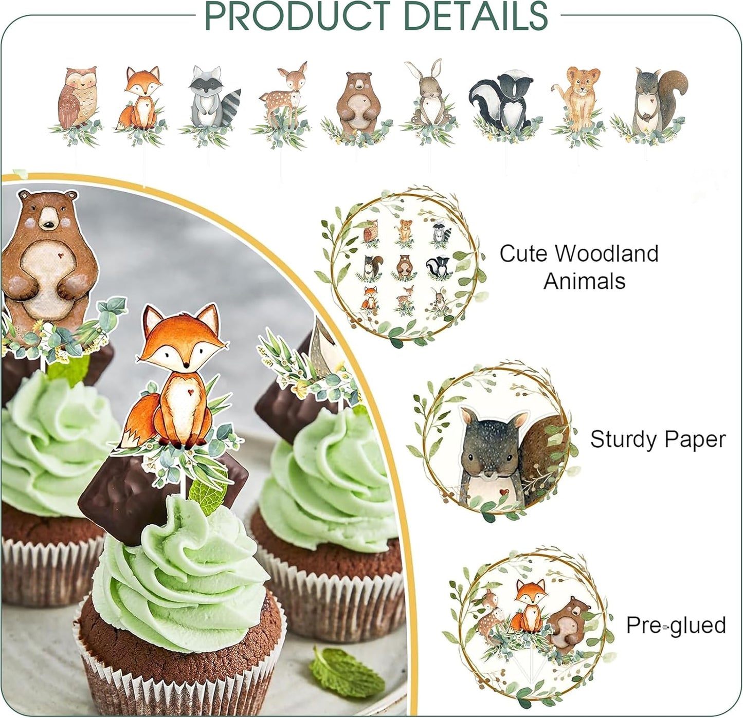 54-Piece Woodland Animal Cupcake Toppers – Neutral Forest Creatures Cake Picks for Baby Shower & Gender Reveal Party Decorations, Multicolor Fox, Deer, Owl & Bear Designs