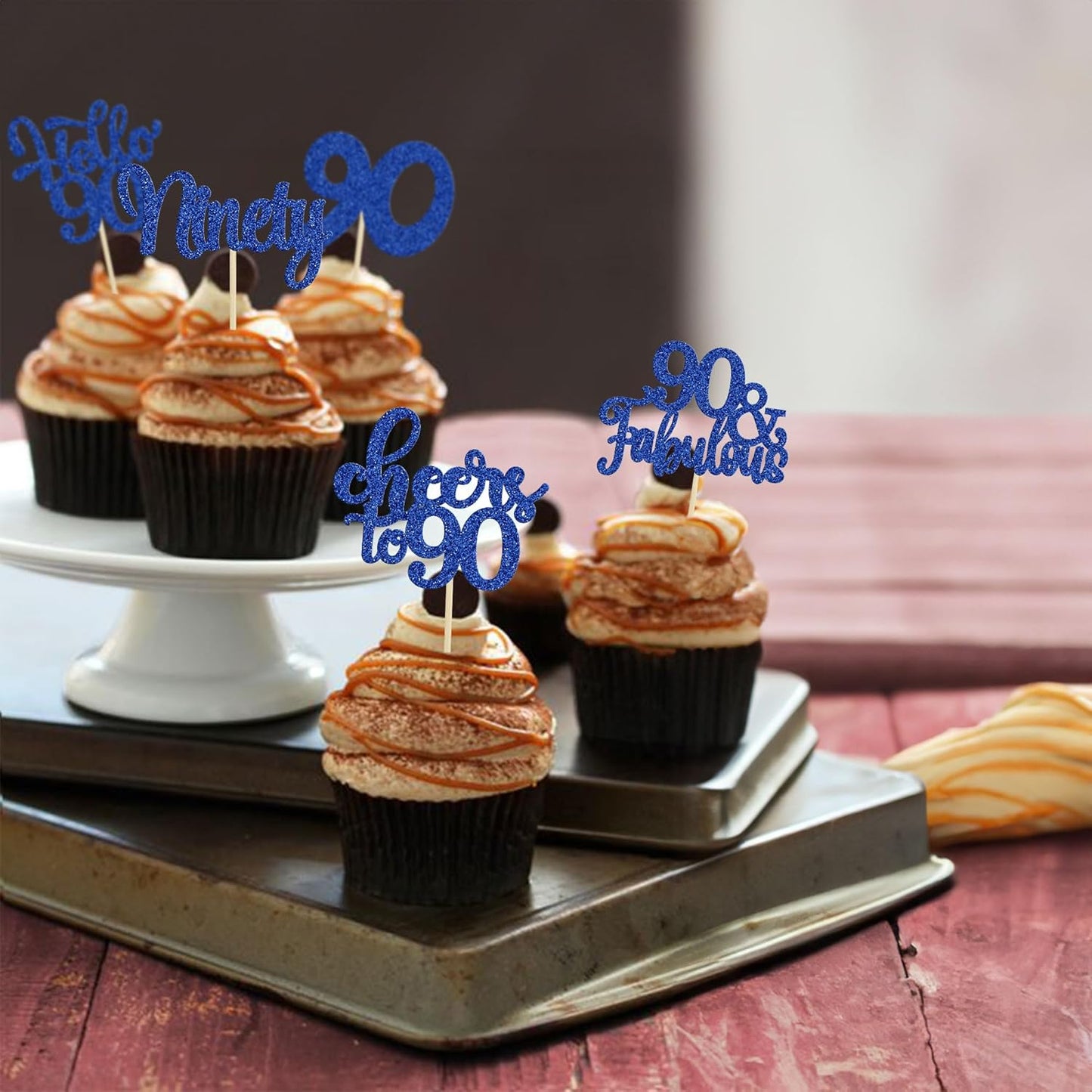 30pcs Happy 90th Birthday Cupcake Toppers - Deep Blue Glitter Ninety Cheers to 90 Years Old Cupcake Picks for Anniversary Party Cake Decorations