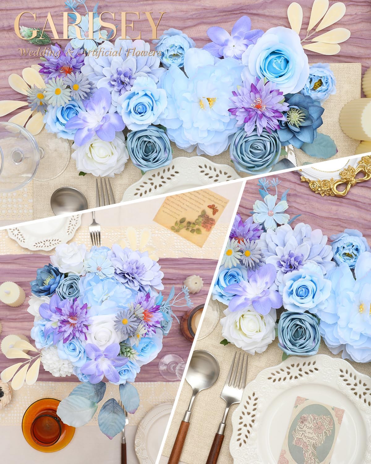 Artificial Flowers Combo, Mix Silk Flowers Roses, Peonies, Dahlias with Stems for DIY Wedding Bridal Bouquets, Baby Shower, Table Centerpieces, Home Decor, Fake Floral Arrangements-Blue&purple