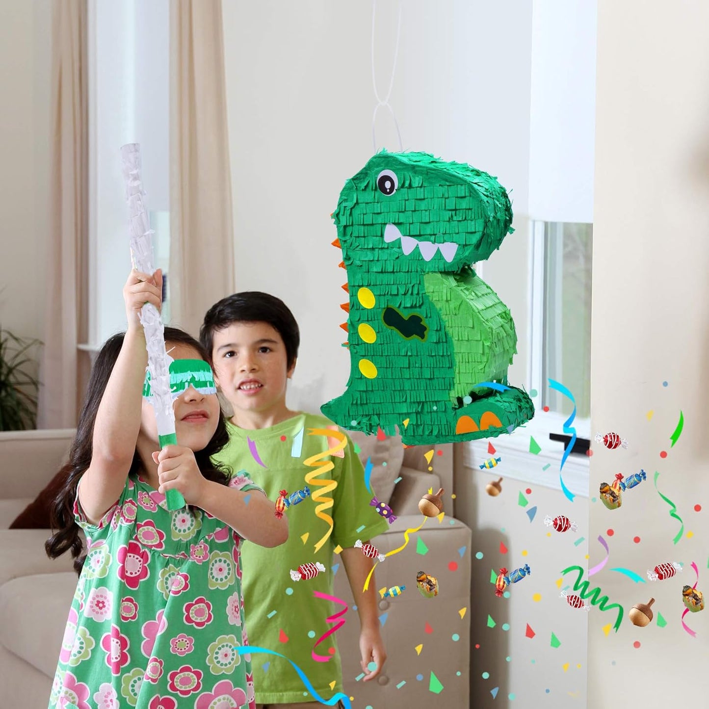 Dinosaur Pinata Bundle with a Blindfold and Bat (17x13x4 Inches), Perfect for Birthday Parties, Animal Theme Parties, Decorations