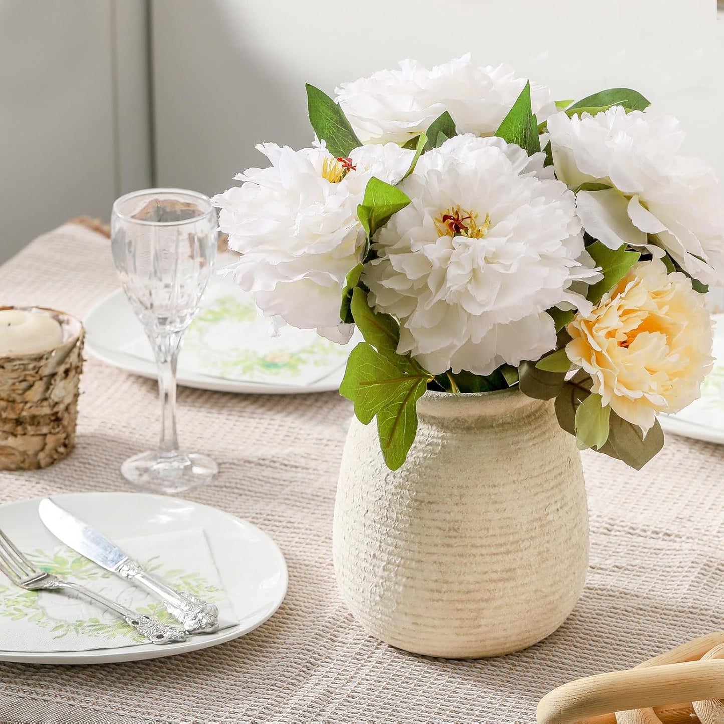 Ceramic Flower Vase, 7.48 Inch White Rustic Farmhouse Decorative Vase Pottery Wide-Mouth Vases for Home Decor Table Living Room Entryway Mantel Bookshelf Bedroom Bathroom Kitchen