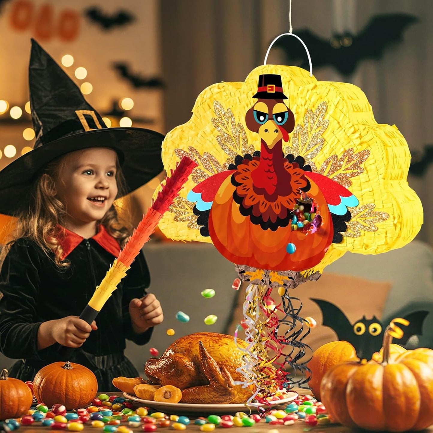 WERNNSAI Thanksgiving Turkey Pinata - Fall Autumn Decorations Gentle Turkey Pinata Orange Thanksgiving Party Games Autumn Decorations for Home Fall Festival Party Favors with Blindfold