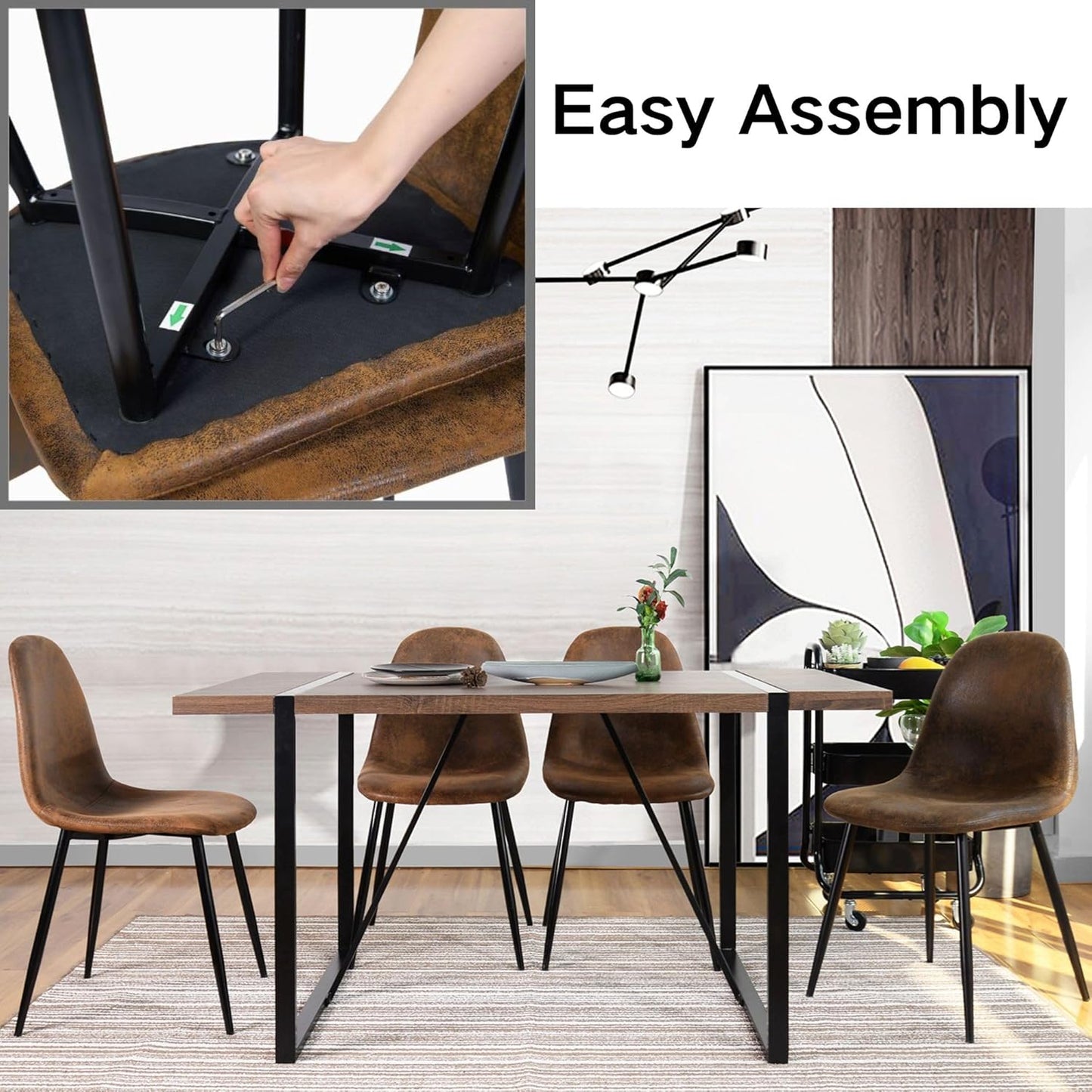 Homy Casa Dining Chairs Set of 4, Modern Mid-Century Style Dining Room Side Chairs Accent Chairs with Black Metal Legs Comfortable for Kitchen Lounge Farmhouse, Rustic Brown, 4PCS