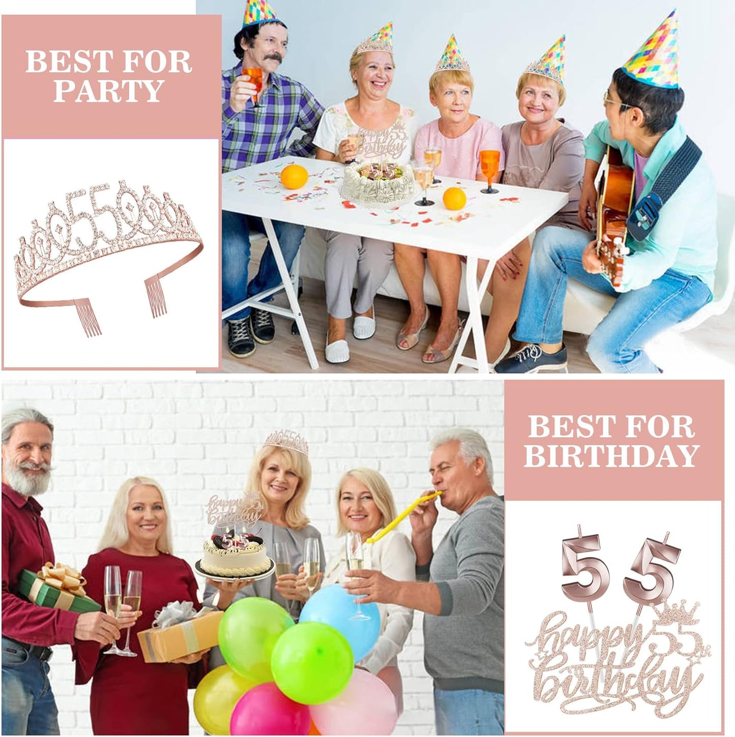 55 Birthday Decorations for Women Including Sash, Tiara, Numeral Candles and Cake Topper, 55th Birthday Gifts for Women, Rose Gold Party Favor Supplies