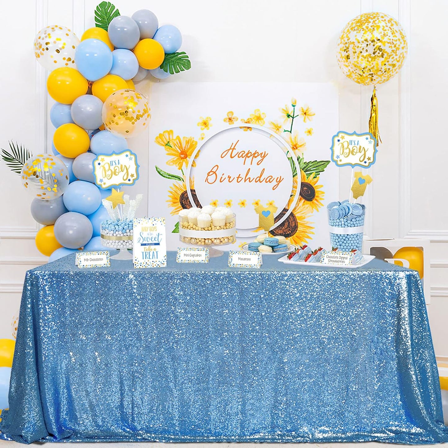 QueenDream Sequin Tablecloth 60"x102" Sparkly Party Table Cloths Sequin Table Cloth Overlay for Wedding Birthday Baby Shower Decoration Baby Blue